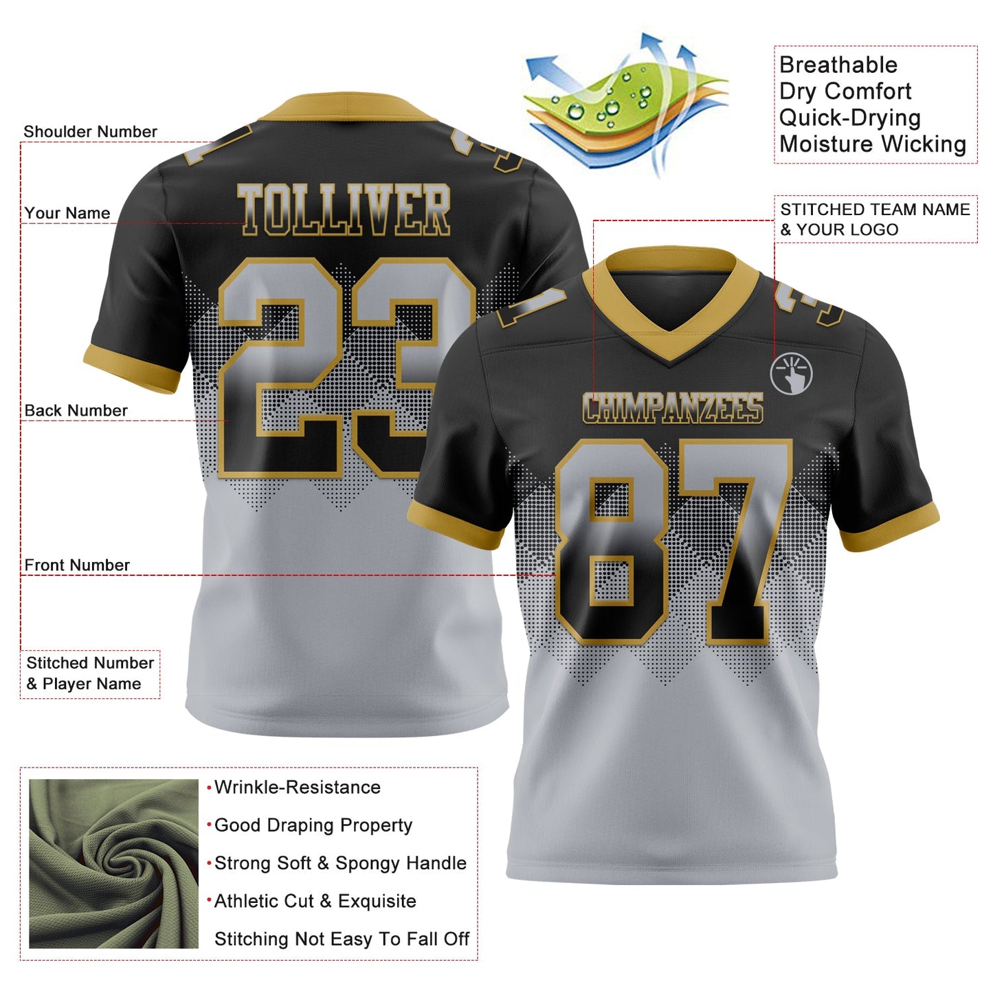 Custom Black Gray-Old Gold Mesh Authentic Gradient Square Shape Flag Football Jersey - Sky-Custom