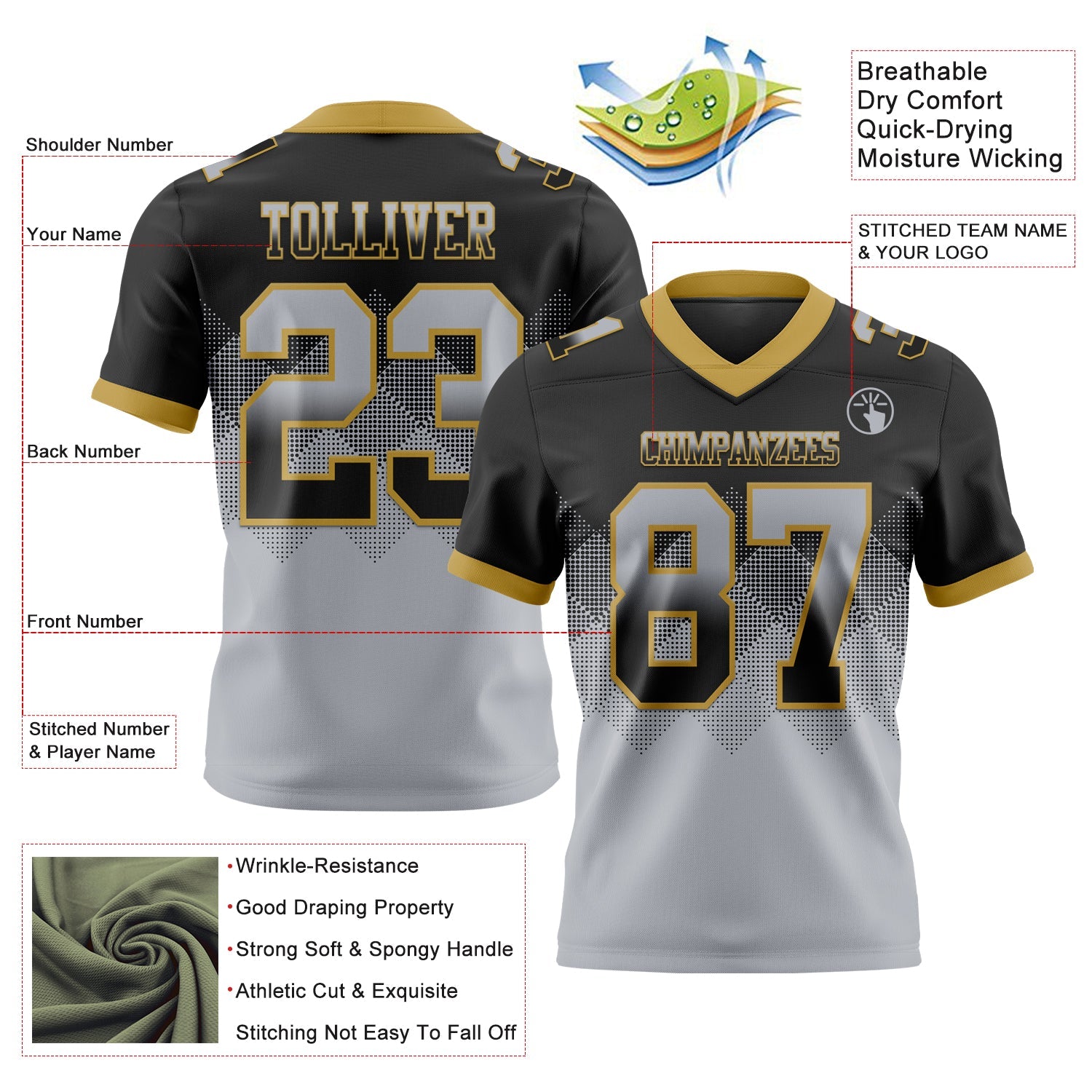 Custom Black Gray-Old Gold Mesh Authentic Gradient Square Shape Flag Football Jersey - Sky-Custom