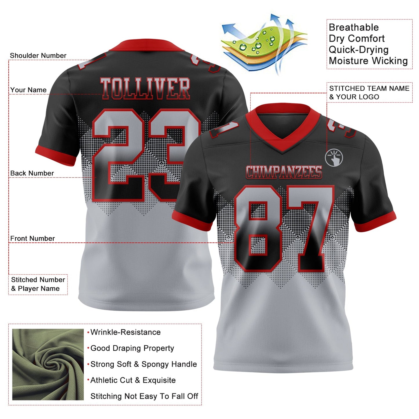 Custom Black Gray-Red Mesh Authentic Gradient Square Shape Flag Football Jersey - Sky-Custom