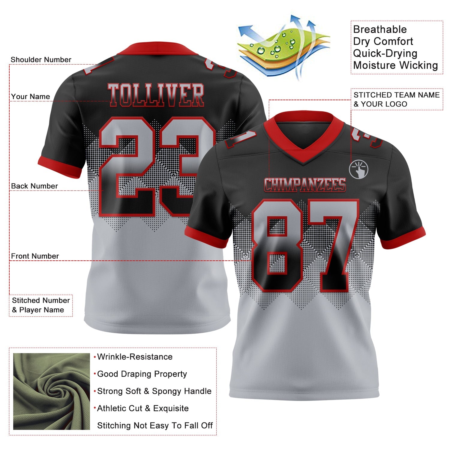 Custom Black Gray-Red Mesh Authentic Gradient Square Shape Flag Football Jersey - Sky-Custom