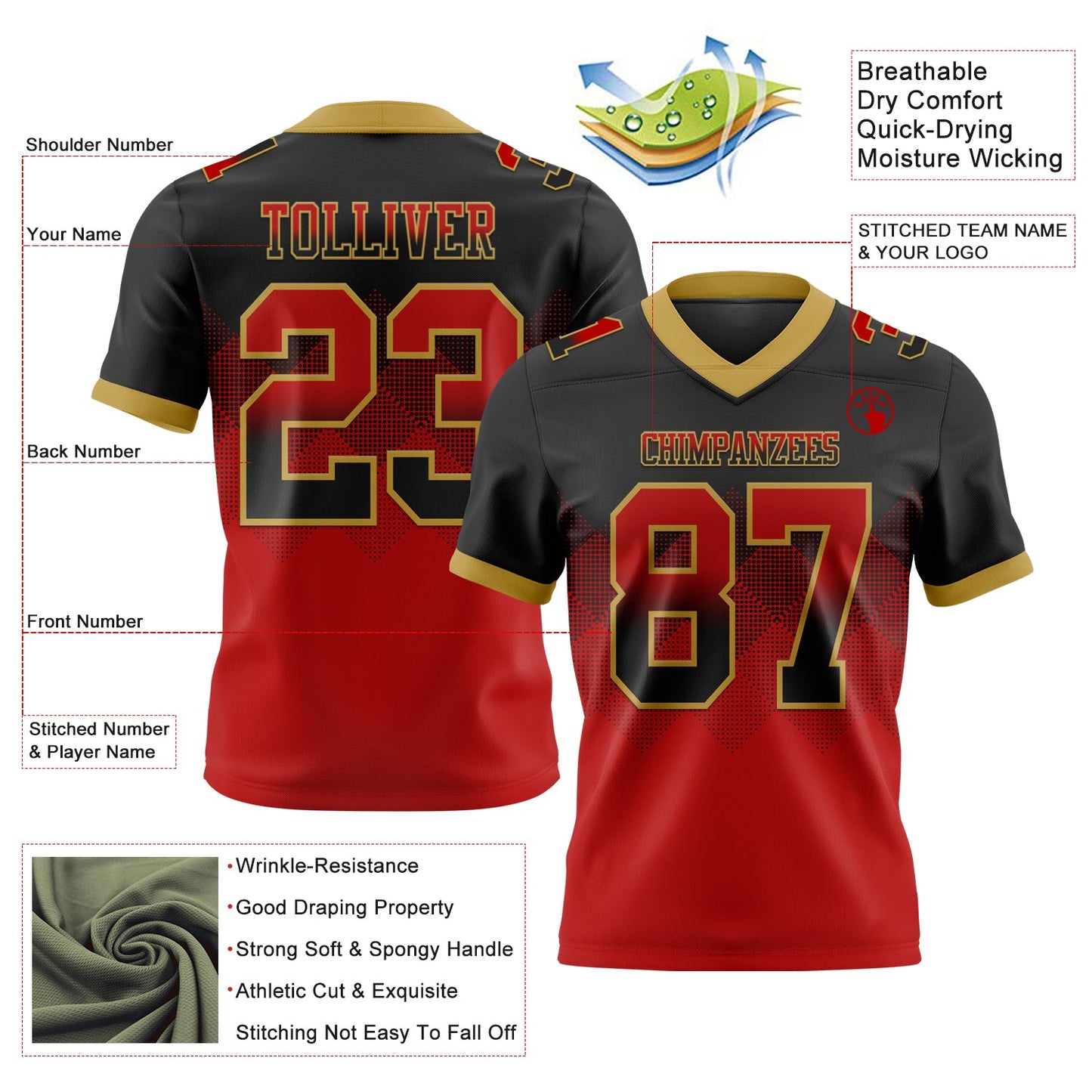 Custom Black Red-Old Gold Mesh Authentic Gradient Square Shape Flag Football Jersey - Sky-Custom