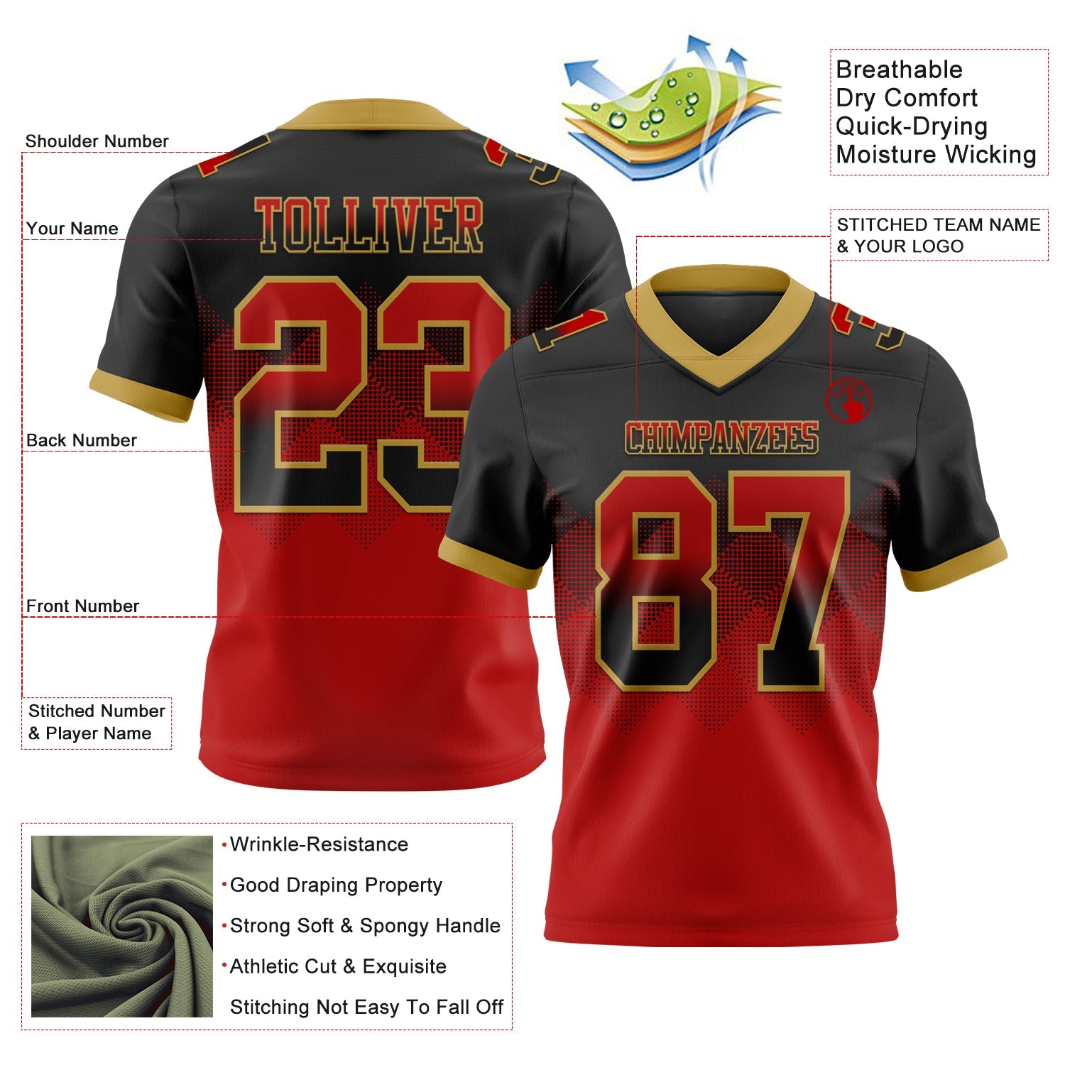 Custom Black Red-Old Gold Mesh Authentic Gradient Square Shape Flag Football Jersey - Sky-Custom