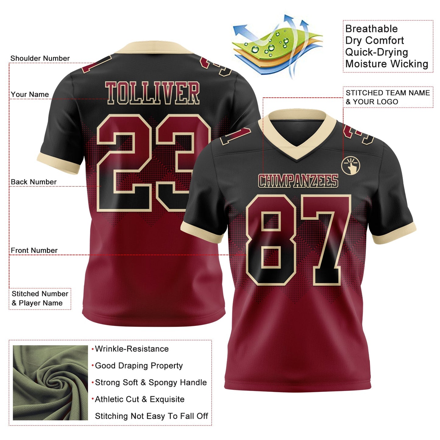 Custom Black Crimson-Cream Mesh Authentic Gradient Square Shape Flag Football Jersey - Sky-Custom