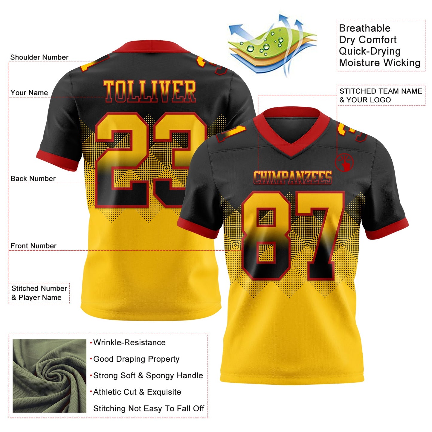 Custom Black Yellow-Red Mesh Authentic Gradient Square Shape Flag Football Jersey - Sky-Custom