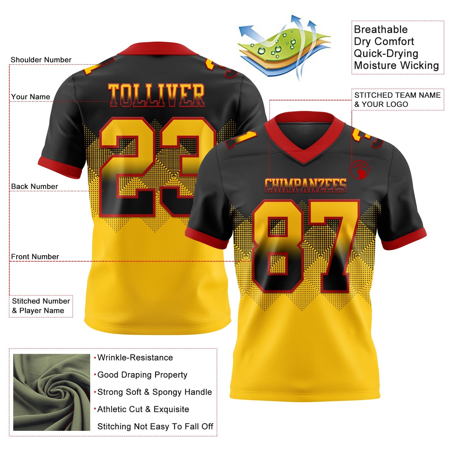 Custom Black Yellow-Red Mesh Authentic Gradient Square Shape Flag Football Jersey - Sky-Custom