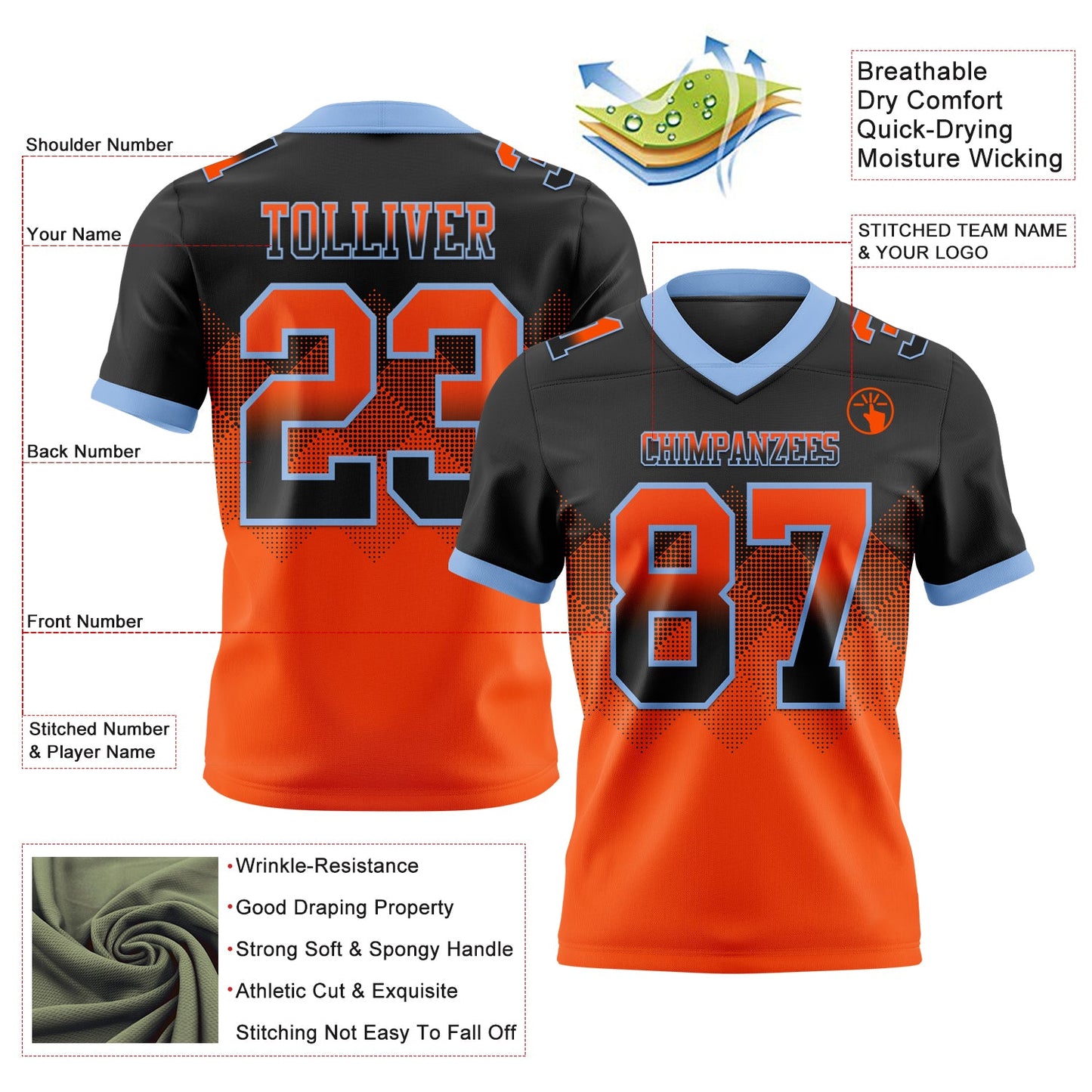 Custom Black Orange-Light Blue Mesh Authentic Gradient Square Shape Flag Football Jersey - Sky-Custom