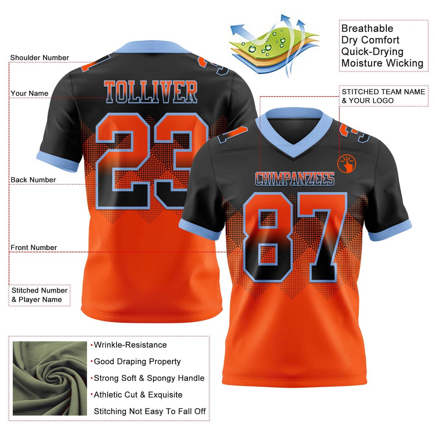 Custom Black Orange-Light Blue Mesh Authentic Gradient Square Shape Flag Football Jersey - Sky-Custom