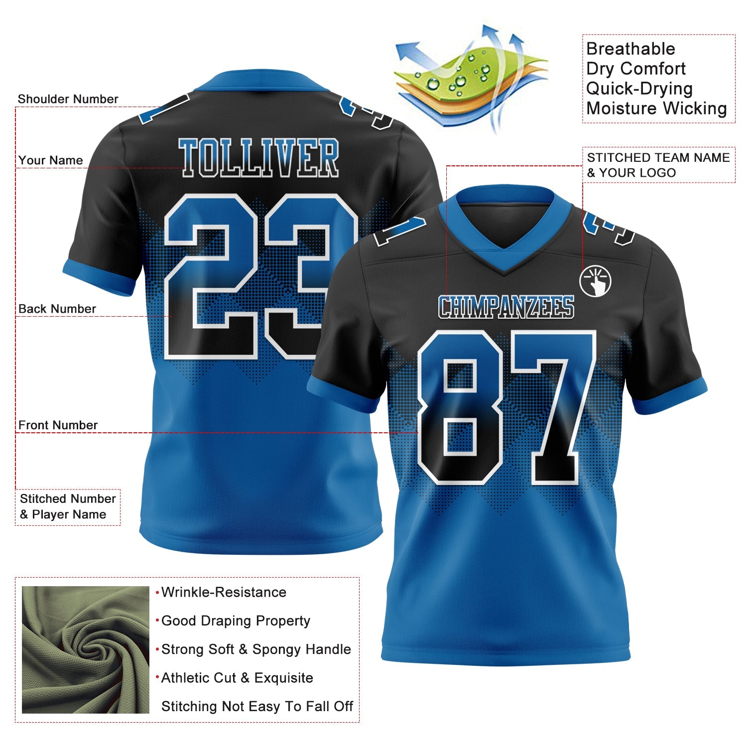 Custom Black Blue-White Mesh Authentic Gradient Square Shape Flag Football Jersey - Sky-Custom