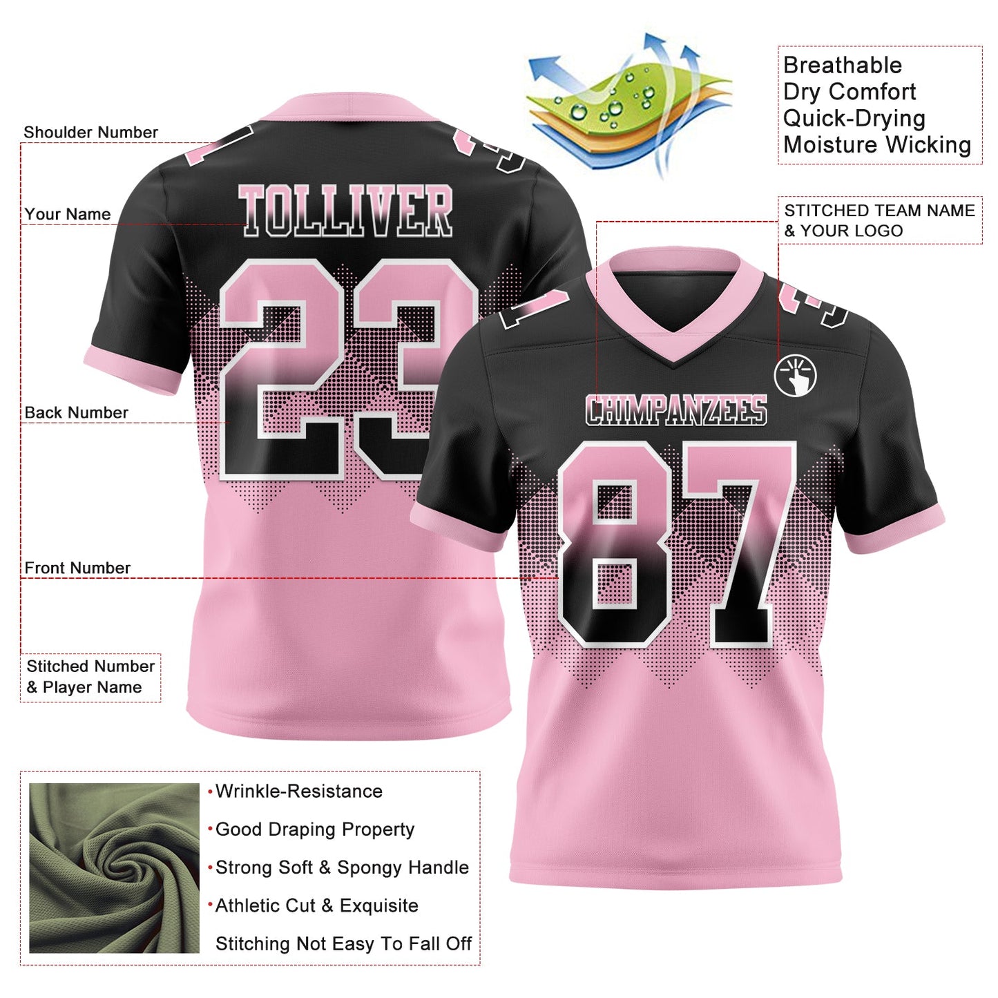 Custom Black Light Pink-White Mesh Authentic Gradient Square Shape Flag Football Jersey - Sky-Custom