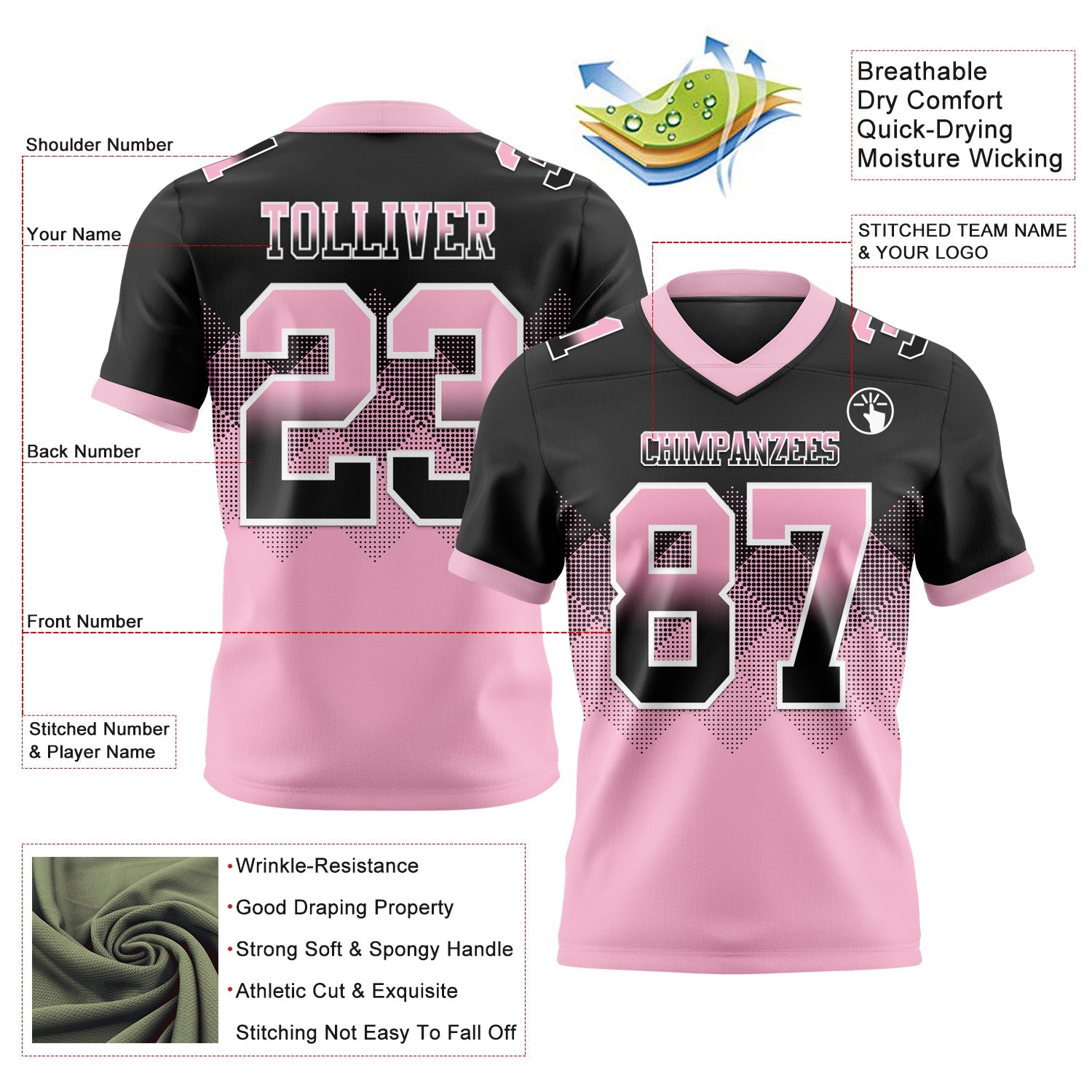 Custom Black Light Pink-White Mesh Authentic Gradient Square Shape Flag Football Jersey - Sky-Custom