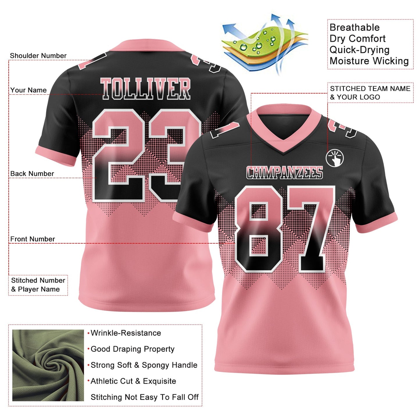 Custom Black Medium Pink-White Mesh Authentic Gradient Square Shape Flag Football Jersey - Sky-Custom