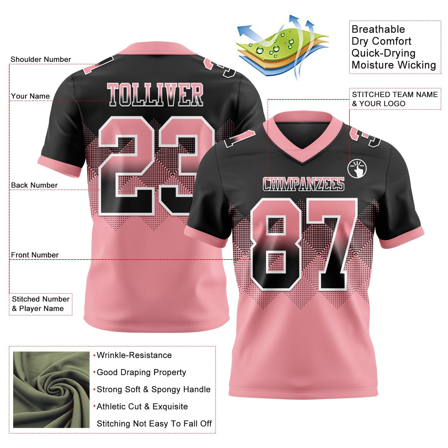Custom Black Medium Pink-White Mesh Authentic Gradient Square Shape Flag Football Jersey - Sky-Custom