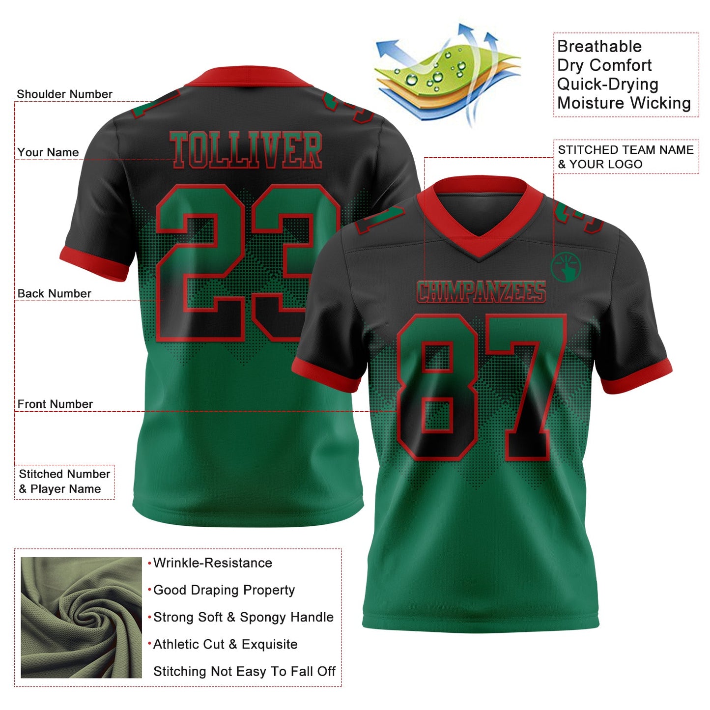Custom Black Kelly Green-Red Mesh Authentic Gradient Square Shape Flag Football Jersey - Sky-Custom