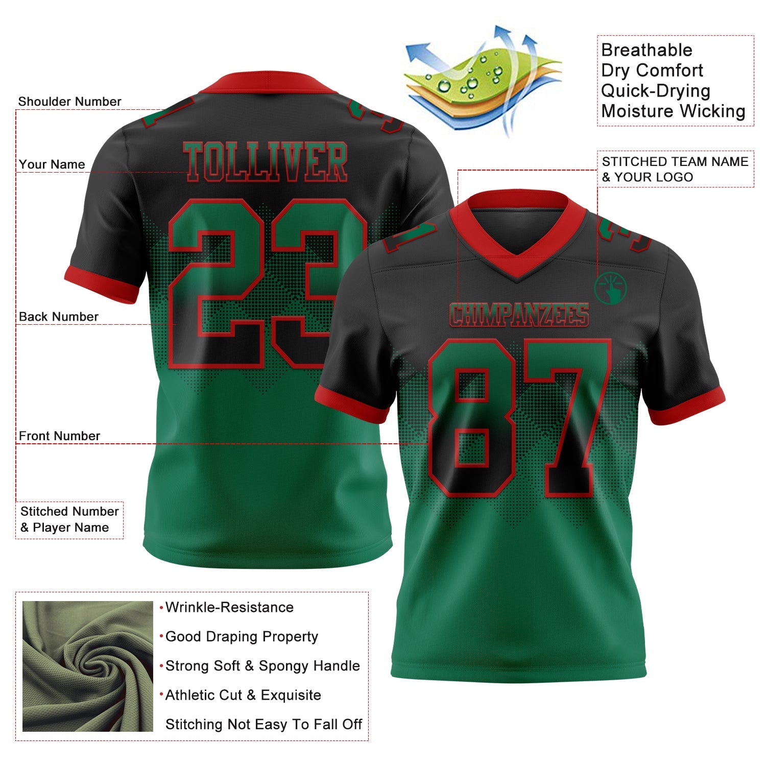 Custom Black Kelly Green-Red Mesh Authentic Gradient Square Shape Flag Football Jersey - Sky-Custom