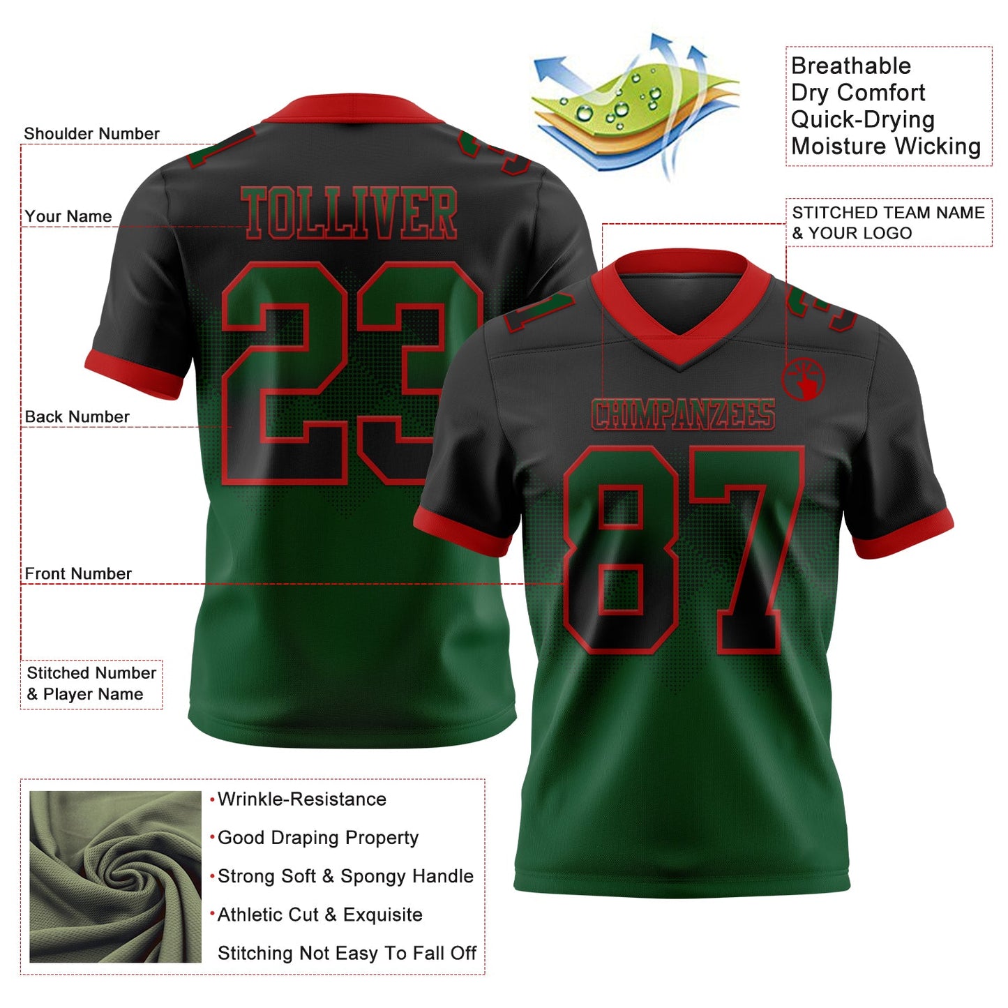 Custom Black Green-Red Mesh Authentic Gradient Square Shape Flag Football Jersey - Sky-Custom