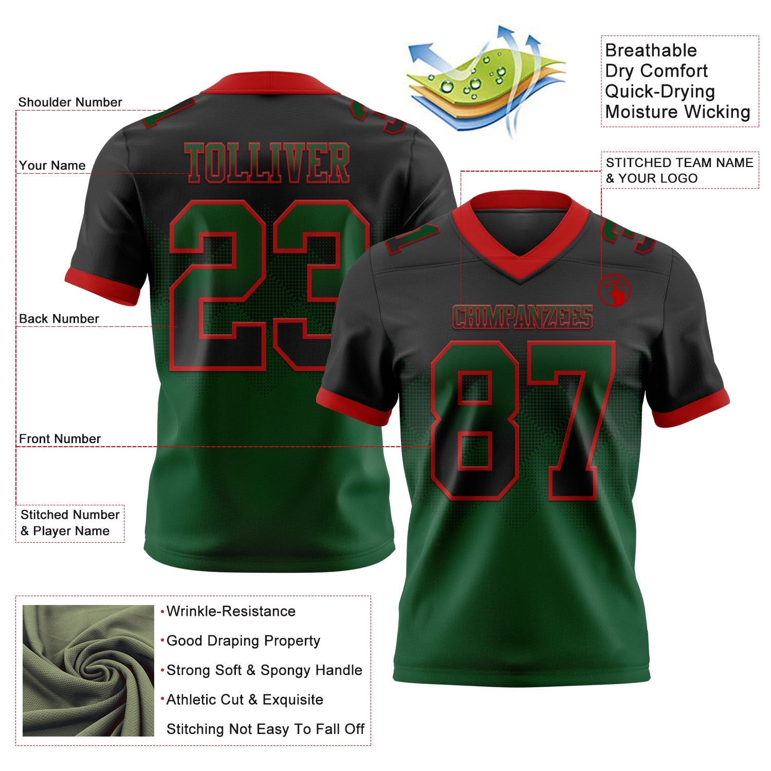 Custom Black Green-Red Mesh Authentic Gradient Square Shape Flag Football Jersey - Sky-Custom