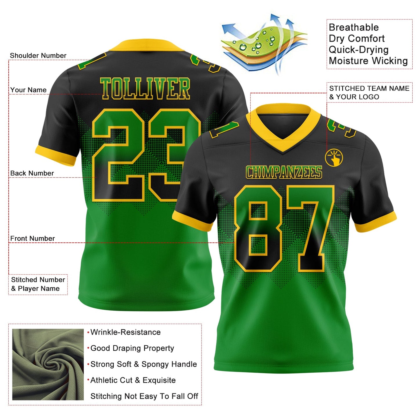 Custom Black Grass Green-Yellow Mesh Authentic Gradient Square Shape Flag Football Jersey - Sky-Custom