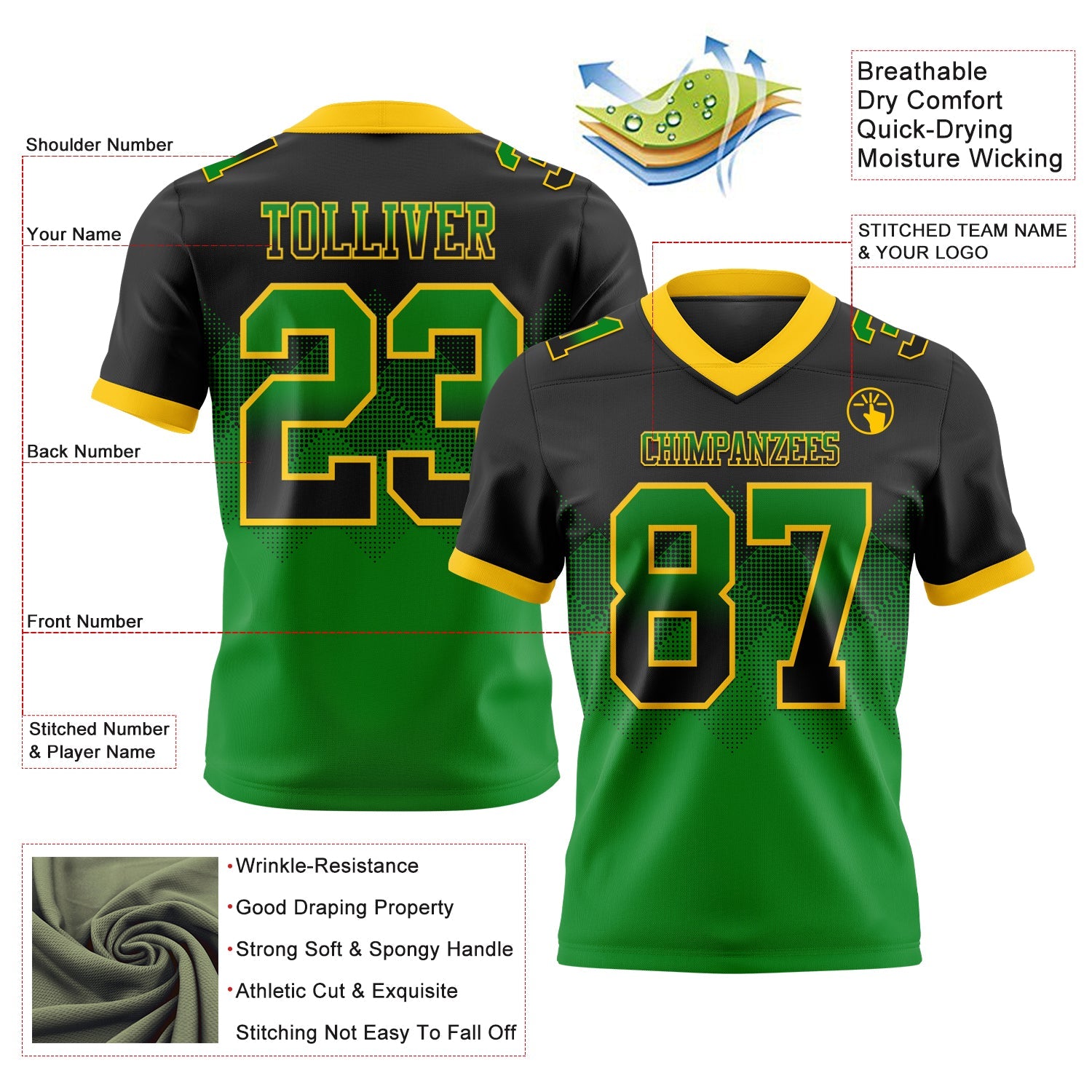 Custom Black Grass Green-Yellow Mesh Authentic Gradient Square Shape Flag Football Jersey - Sky-Custom