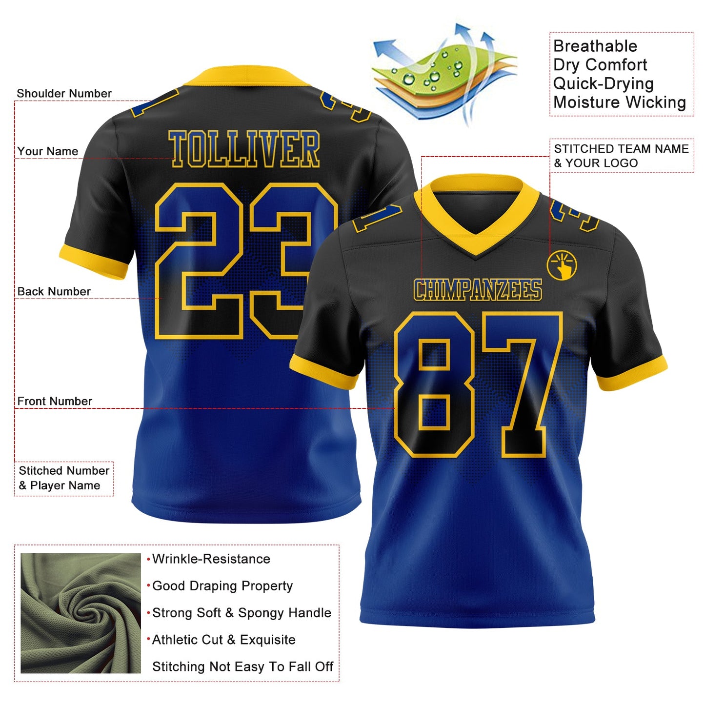 Custom Black Royal-Yellow Mesh Authentic Gradient Square Shape Flag Football Jersey - Sky-Custom