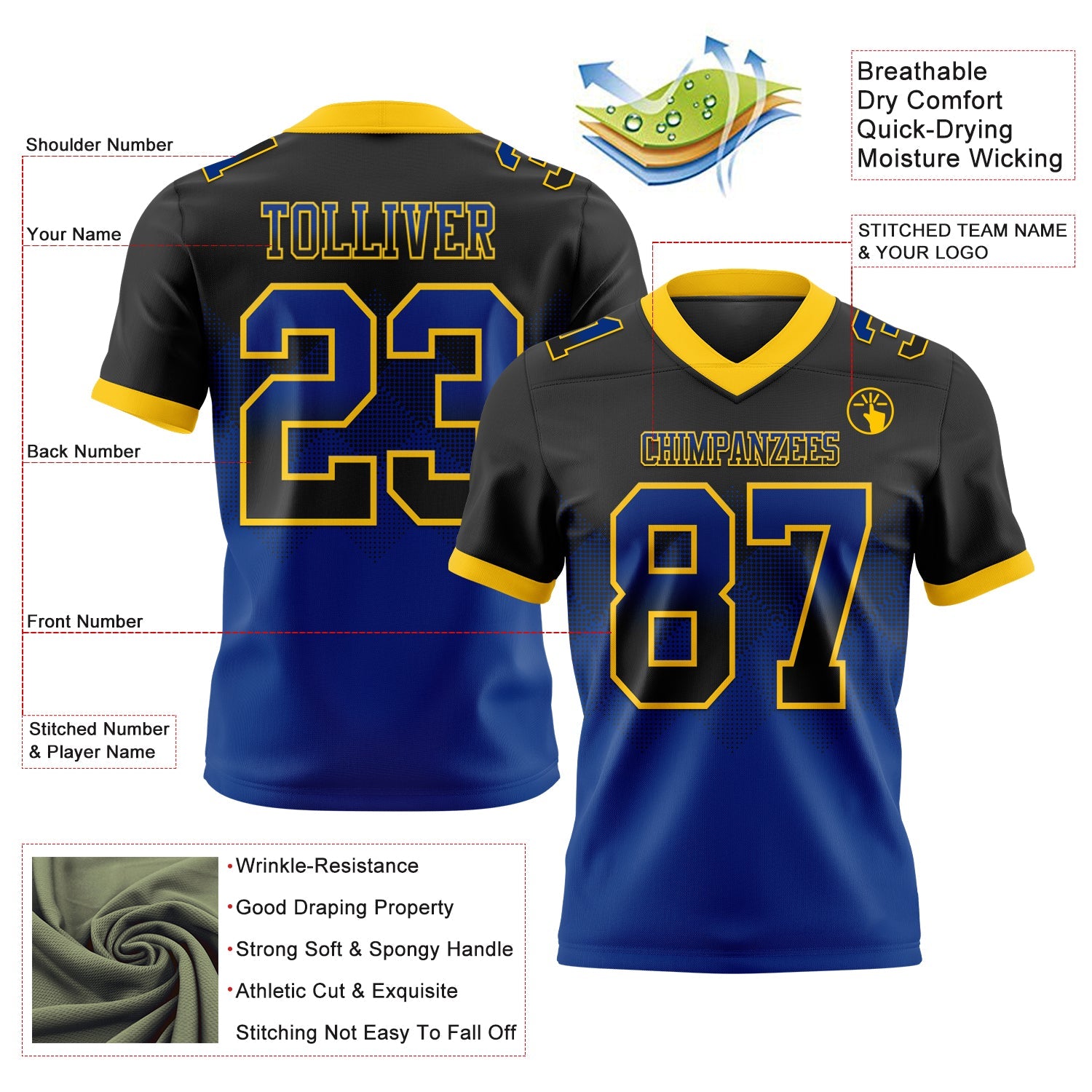 Custom Black Royal-Yellow Mesh Authentic Gradient Square Shape Flag Football Jersey - Sky-Custom