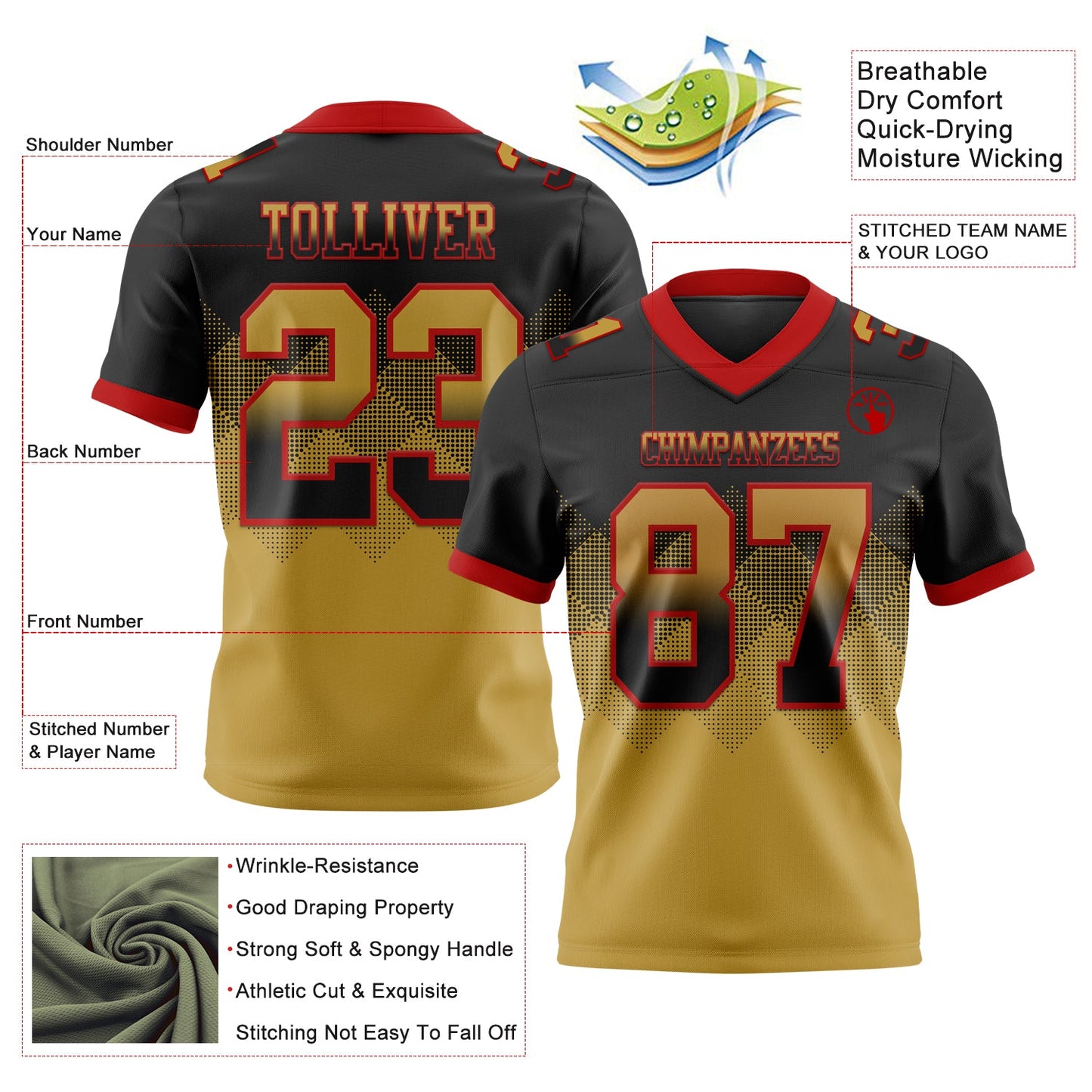 Custom Black Old Gold-Red Mesh Authentic Gradient Square Shape Flag Football Jersey - Sky-Custom