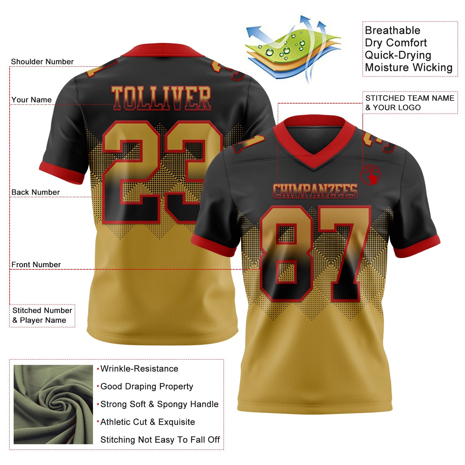 Custom Black Old Gold-Red Mesh Authentic Gradient Square Shape Flag Football Jersey - Sky-Custom