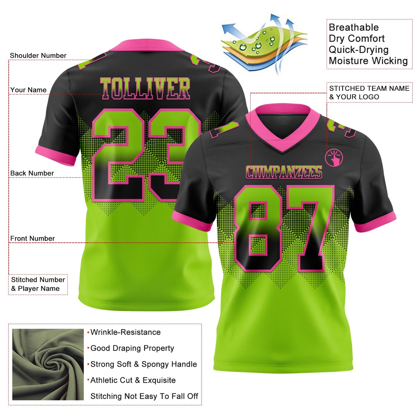 Custom Black Neon Green-Pink Mesh Authentic Gradient Square Shape Flag Football Jersey - Sky-Custom