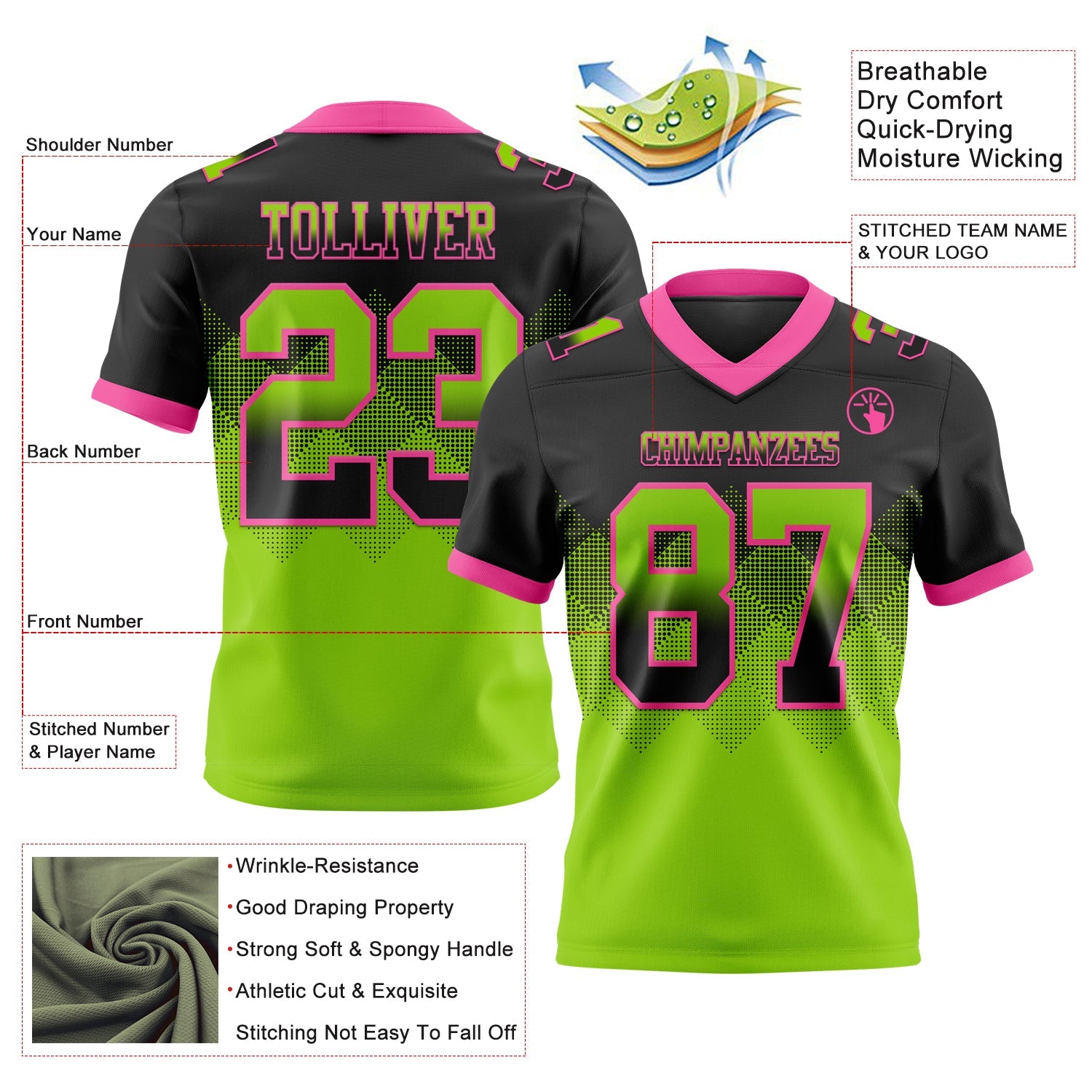 Custom Black Neon Green-Pink Mesh Authentic Gradient Square Shape Flag Football Jersey - Sky-Custom