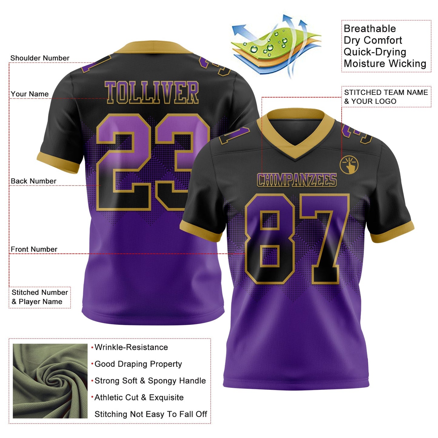 Custom Black Purple-Old Gold Mesh Authentic Gradient Square Shape Flag Football Jersey - Sky-Custom