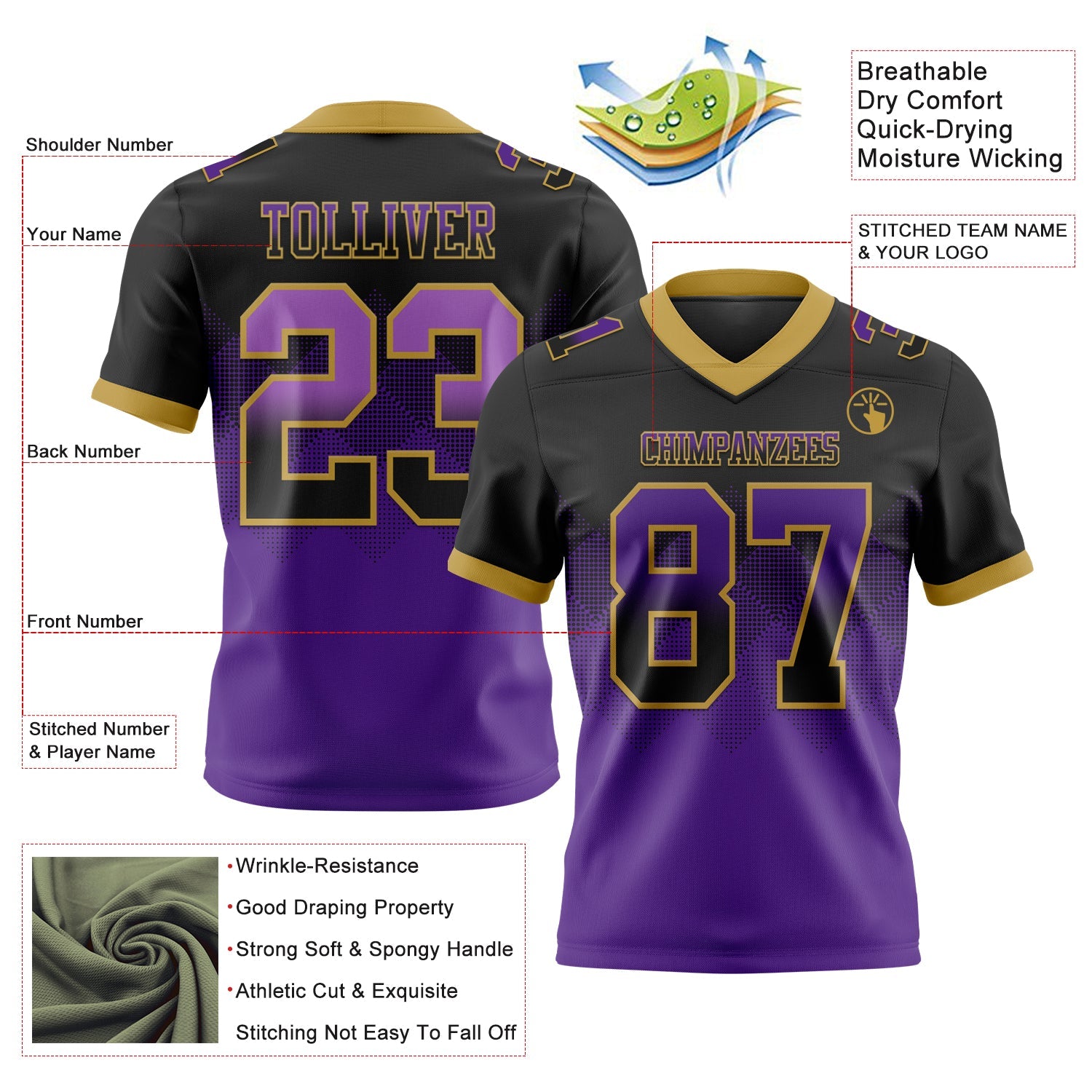 Custom Black Purple-Old Gold Mesh Authentic Gradient Square Shape Flag Football Jersey - Sky-Custom