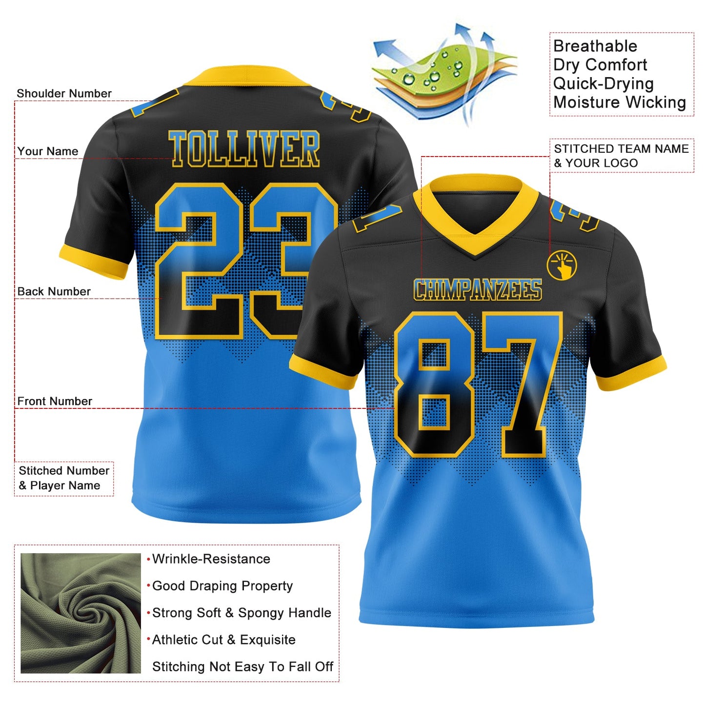 Custom Black Powder Blue-Yellow Mesh Authentic Gradient Square Shape Flag Football Jersey - Sky-Custom