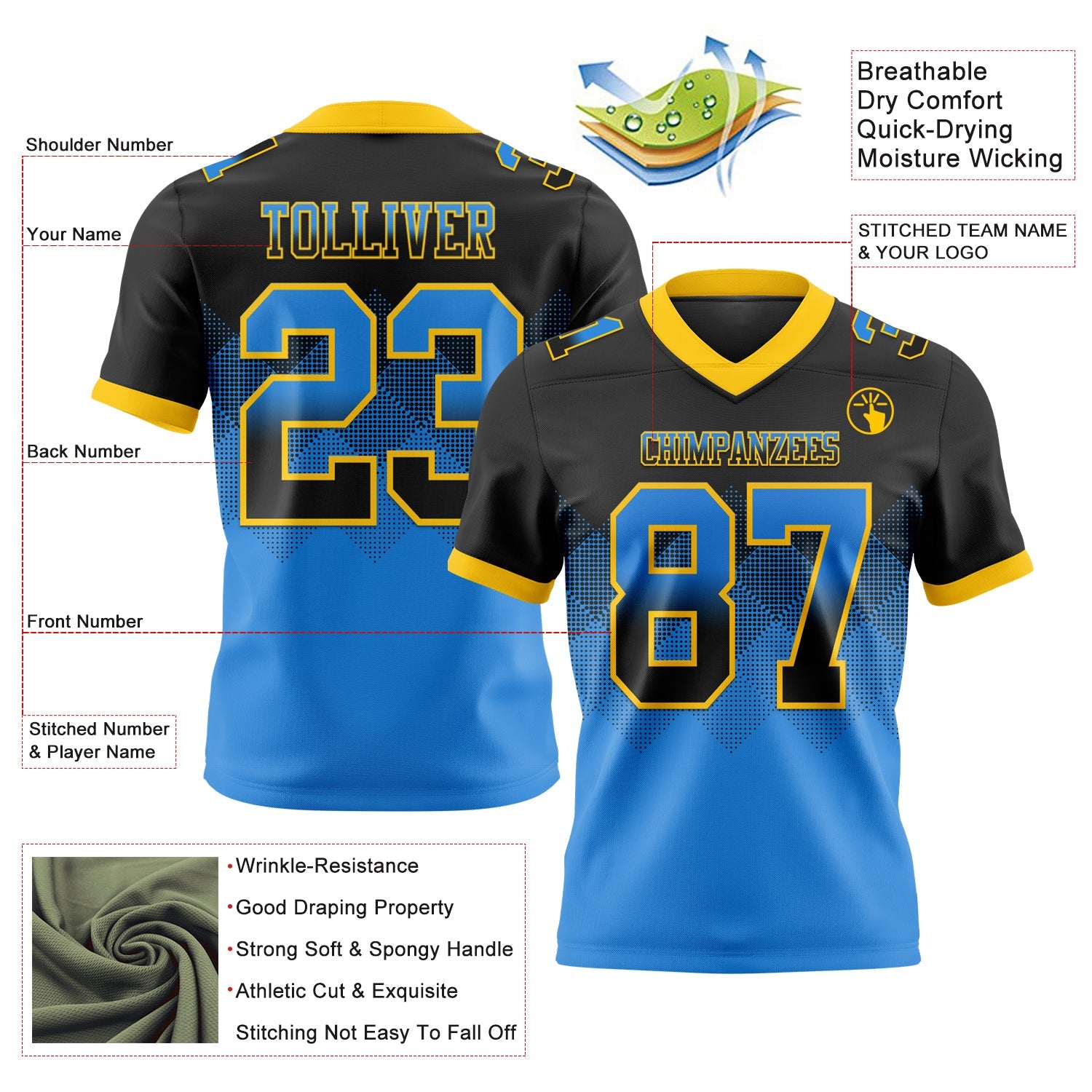 Custom Black Powder Blue-Yellow Mesh Authentic Gradient Square Shape Flag Football Jersey - Sky-Custom