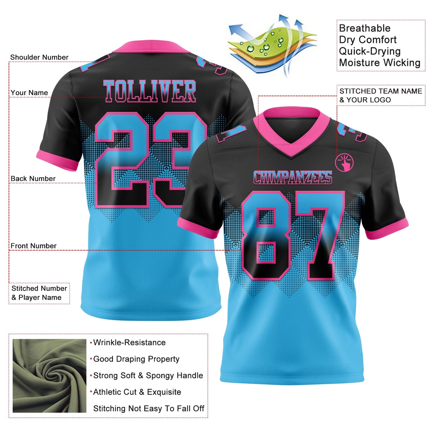 Custom Black Sky Blue-Pink Mesh Authentic Gradient Square Shape Flag Football Jersey - Sky-Custom