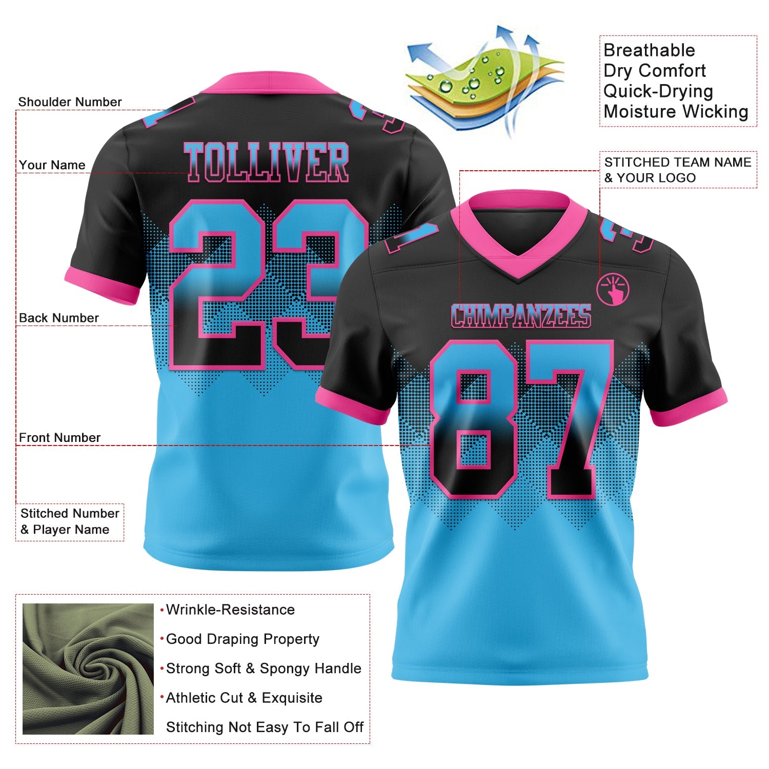 Custom Black Sky Blue-Pink Mesh Authentic Gradient Square Shape Flag Football Jersey - Sky-Custom