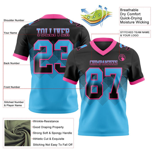 Custom Black Sky Blue-Pink Mesh Authentic Gradient Square Shape Flag Football Jersey - Sky-Custom