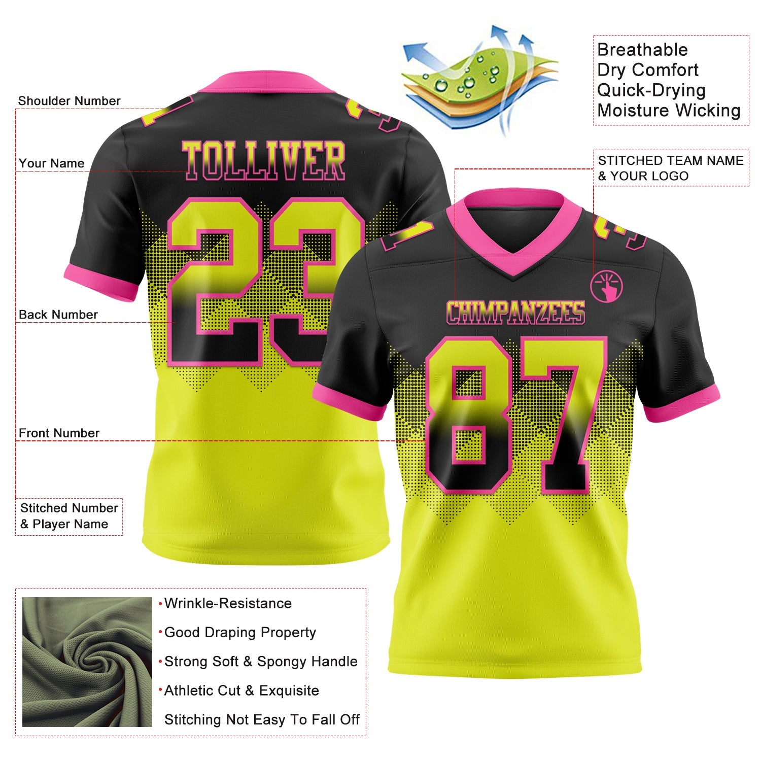 Custom Black Neon Yellow-Pink Mesh Authentic Gradient Square Shape Flag Football Jersey - Sky-Custom