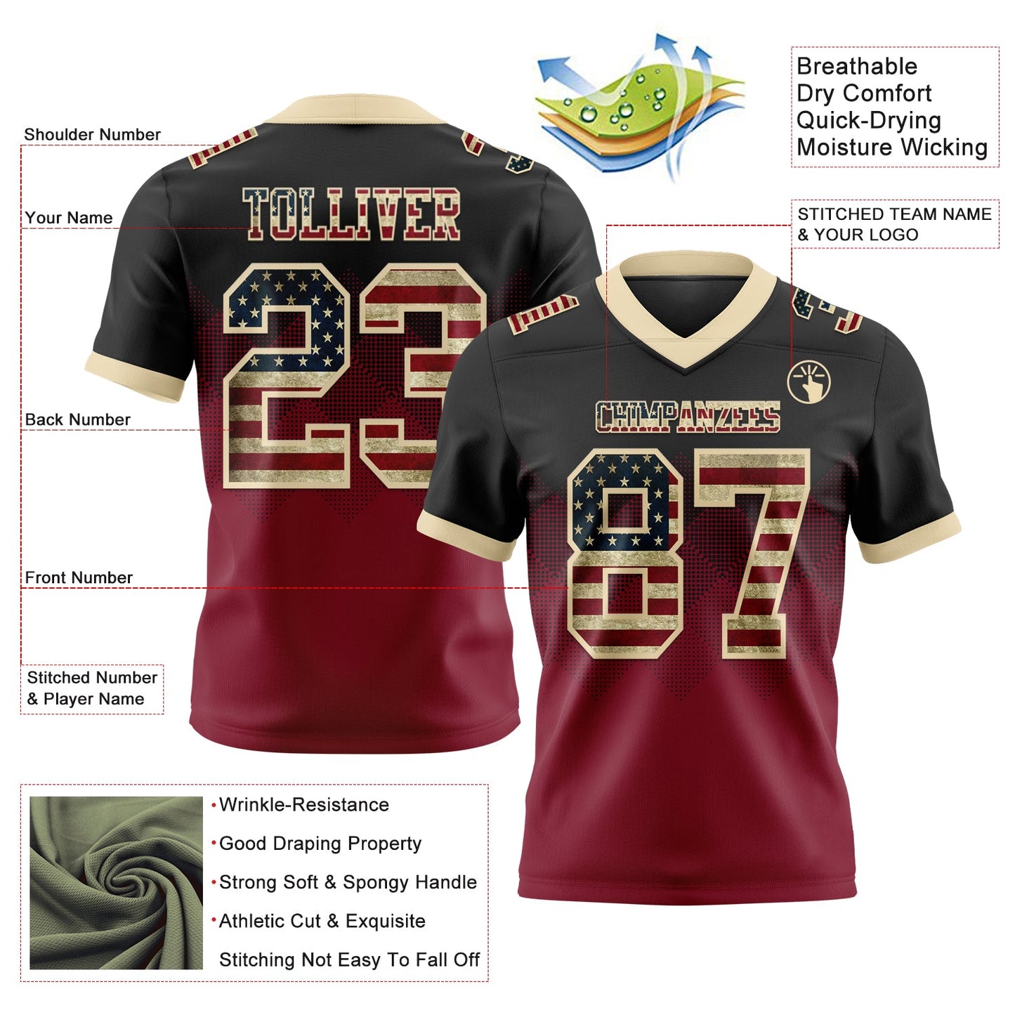 Custom Black Vintage USA Flag Crimson-Cream Mesh Authentic Gradient Square Shape Flag Football Jersey - Sky-Custom