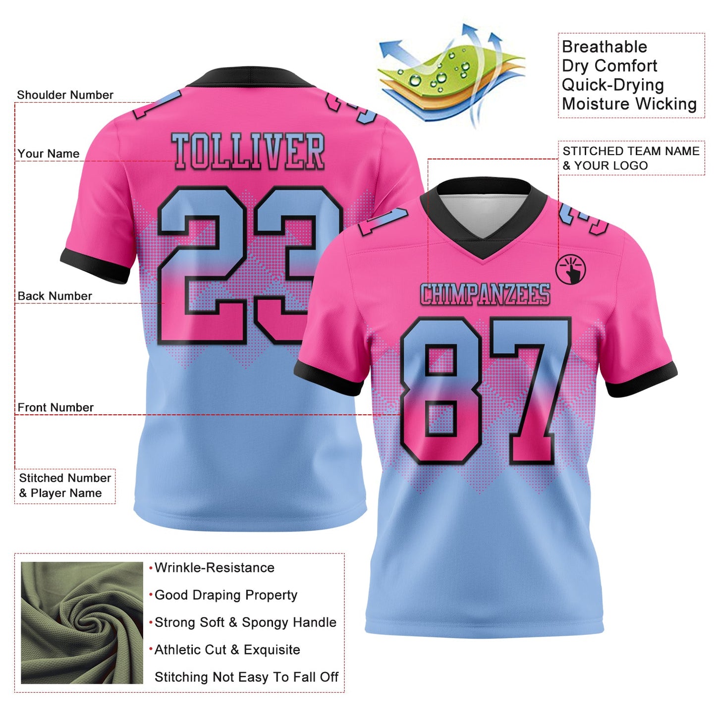 Custom Pink Light Blue-Black Mesh Authentic Gradient Square Shape Flag Football Jersey - Sky-Custom