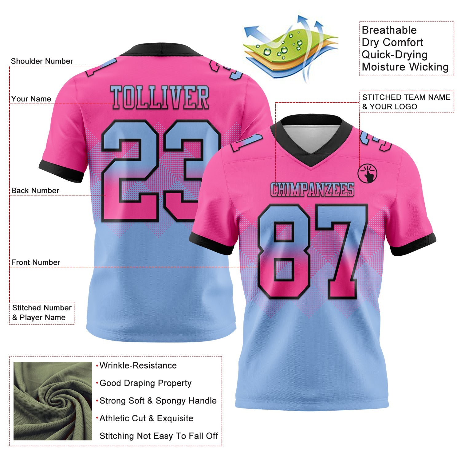 Custom Pink Light Blue-Black Mesh Authentic Gradient Square Shape Flag Football Jersey - Sky-Custom