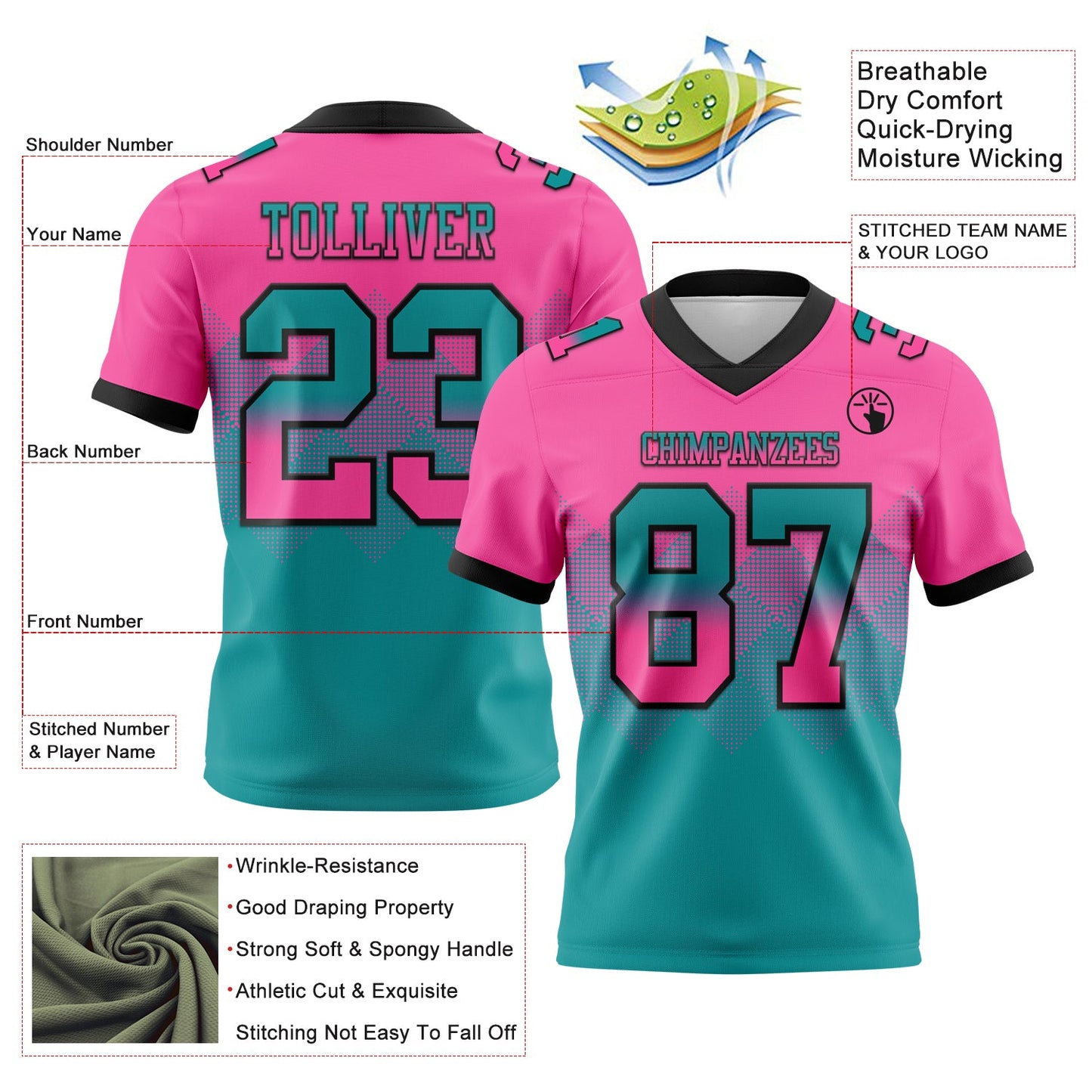 Custom Pink Teal-Black Mesh Authentic Gradient Square Shape Flag Football Jersey - Sky-Custom