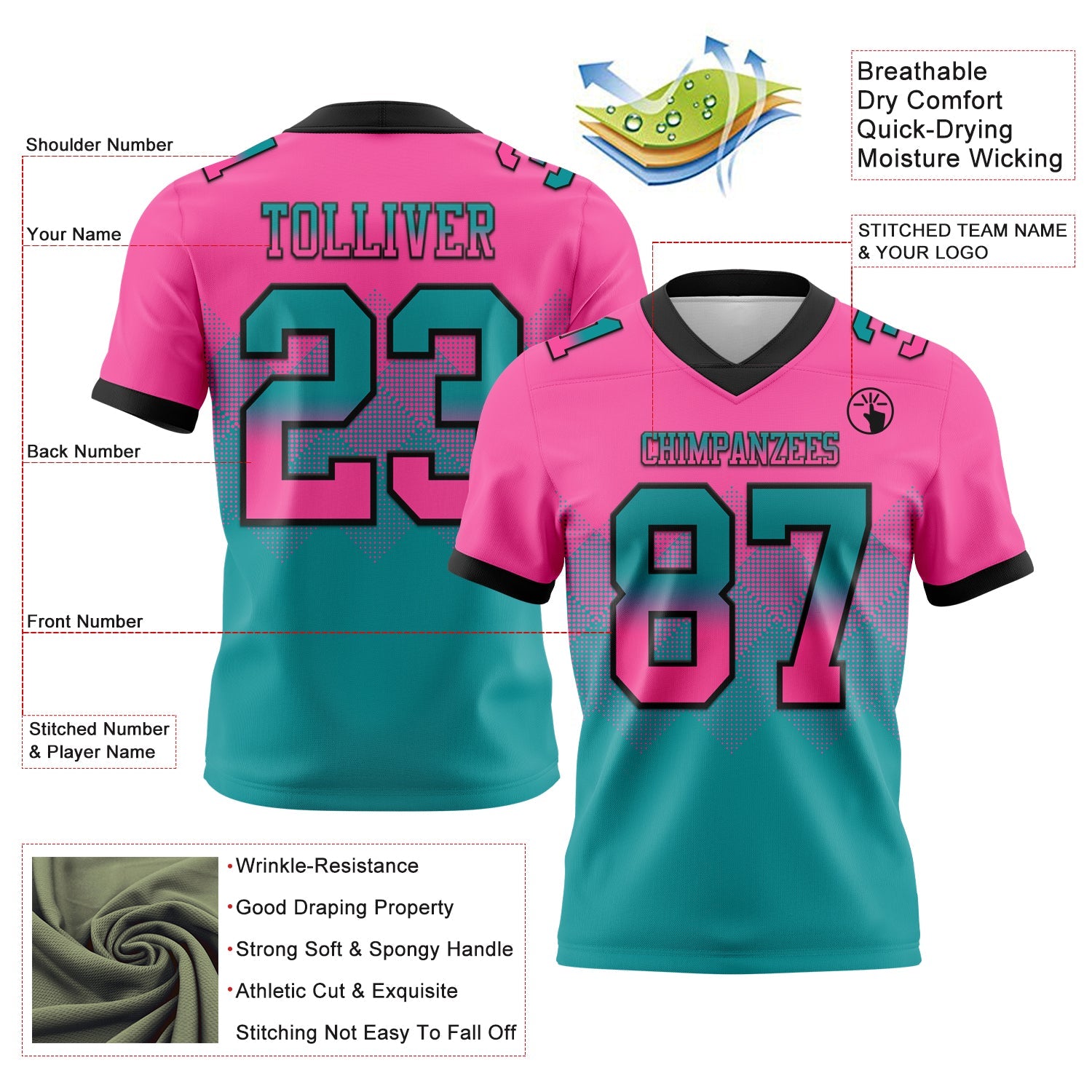 Custom Pink Teal-Black Mesh Authentic Gradient Square Shape Flag Football Jersey - Sky-Custom