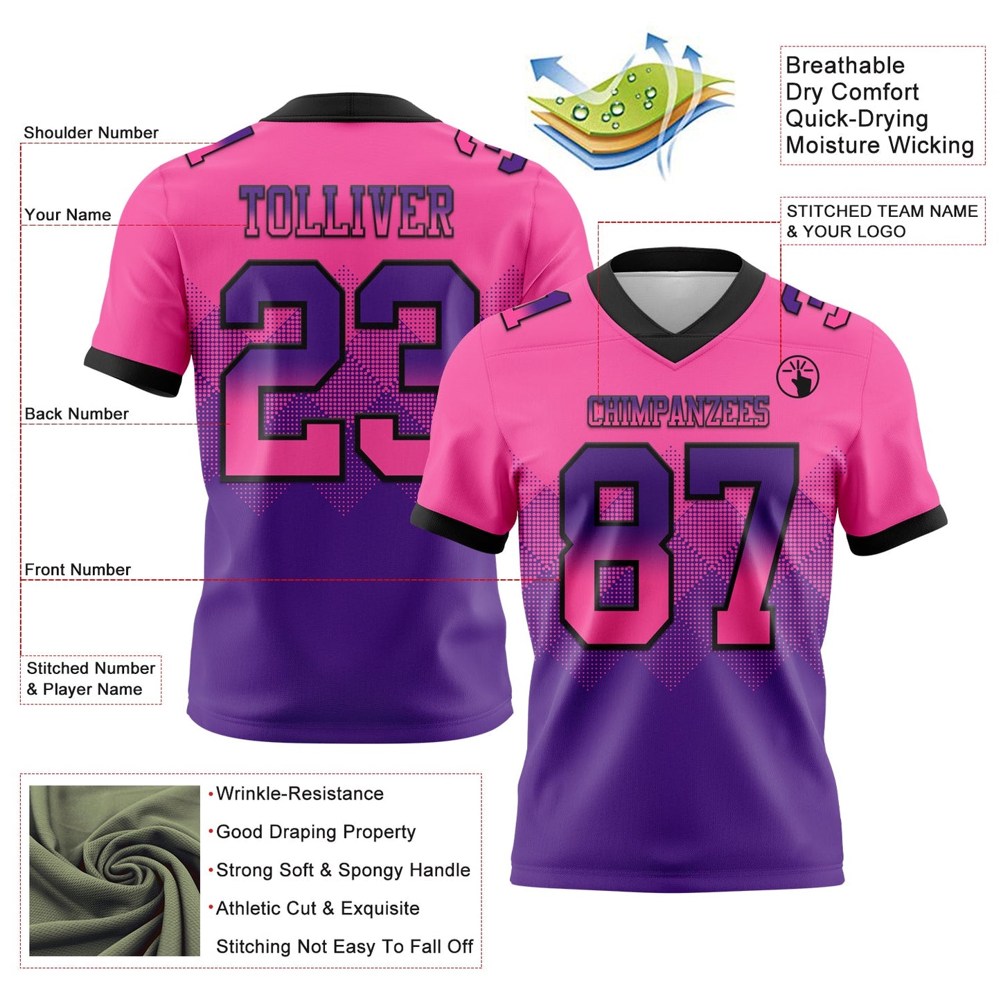 Custom Pink Purple-Black Mesh Authentic Gradient Square Shape Flag Football Jersey - Sky-Custom