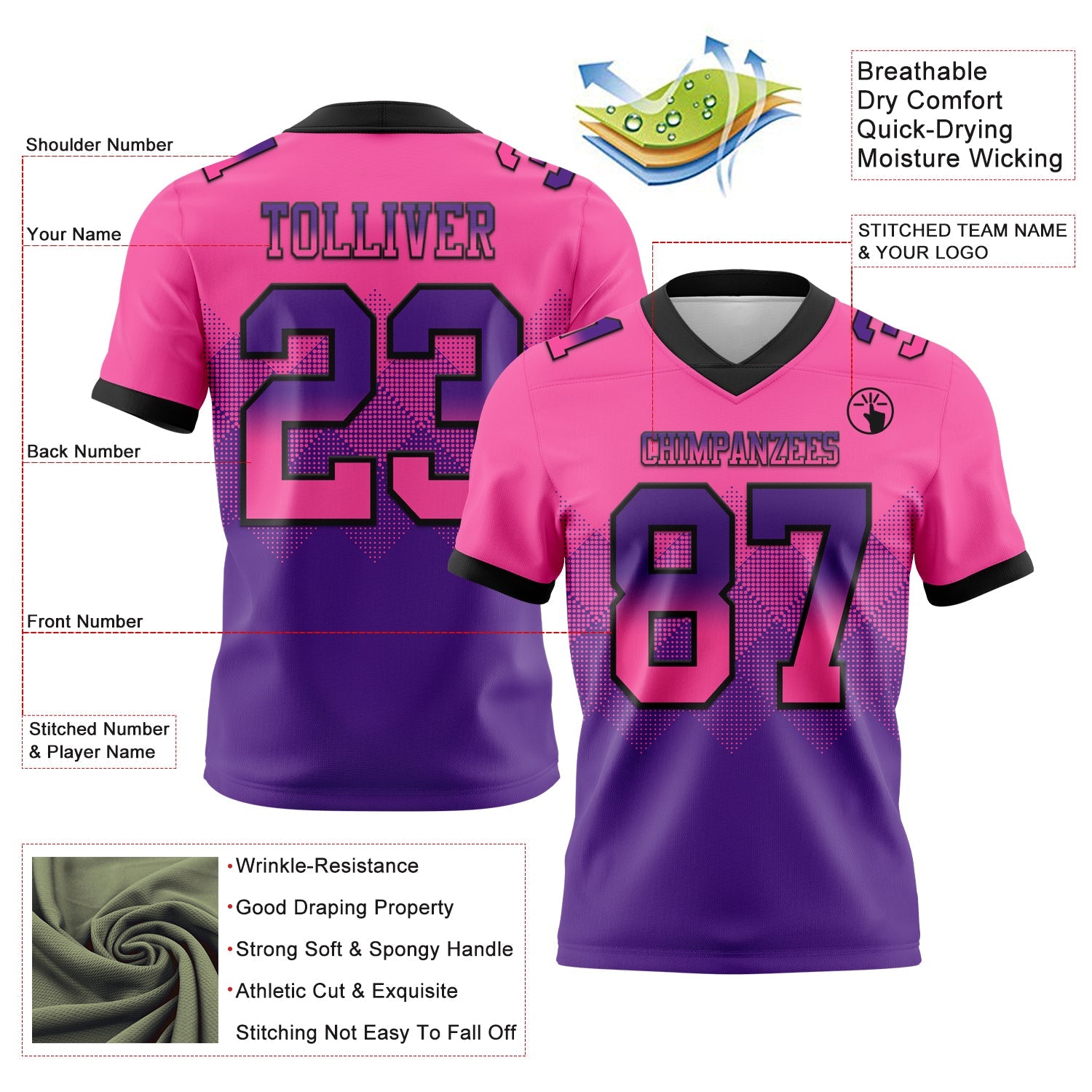 Custom Pink Purple-Black Mesh Authentic Gradient Square Shape Flag Football Jersey - Sky-Custom