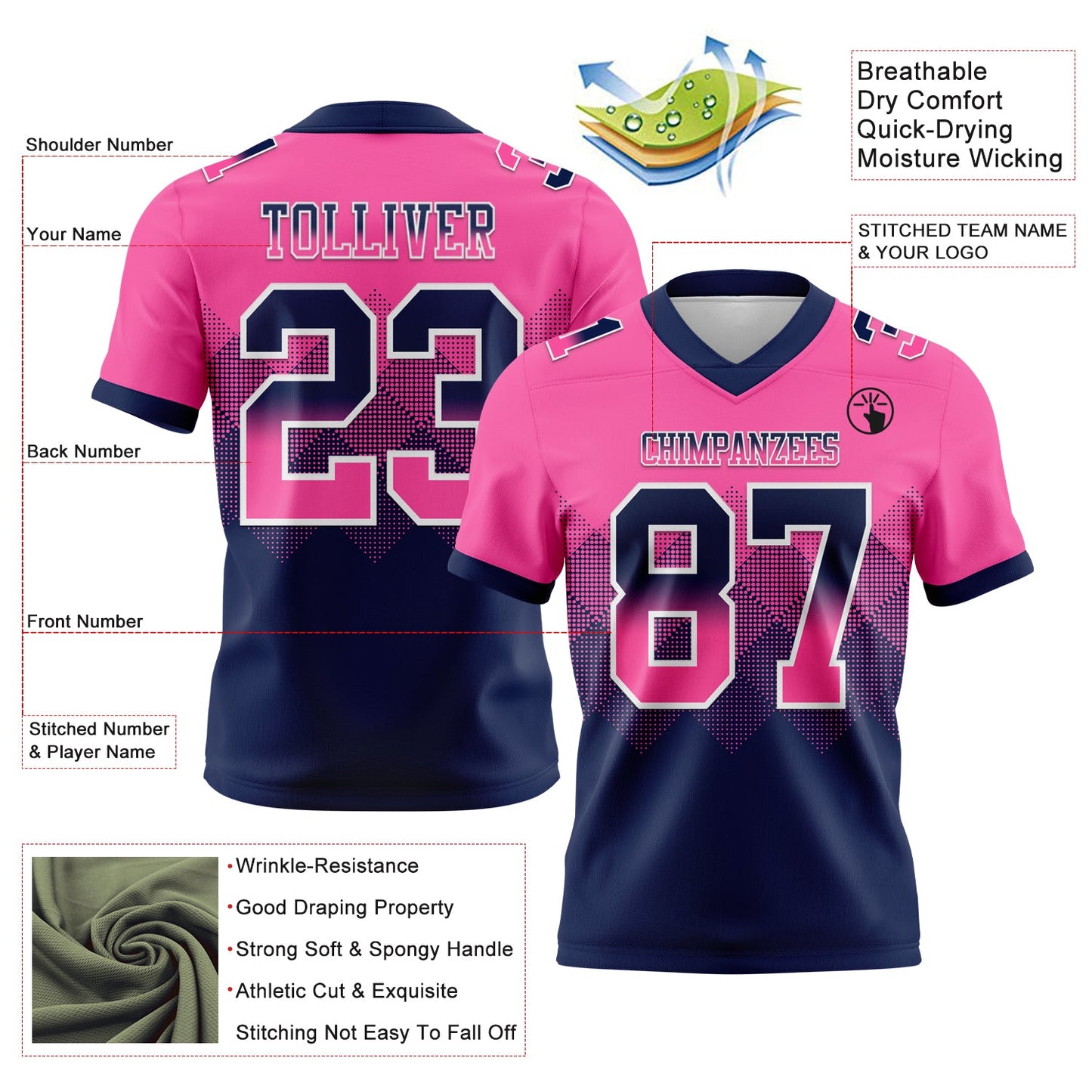 Custom Pink Navy-White Mesh Authentic Gradient Square Shape Flag Football Jersey - Sky-Custom