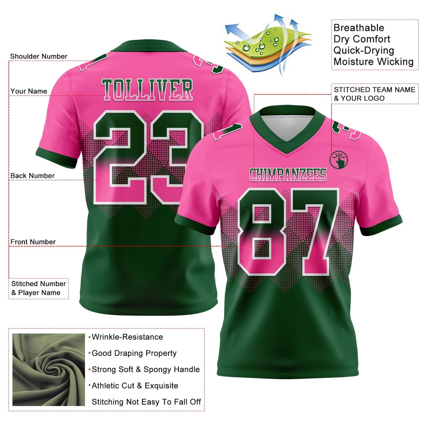 Custom Pink Green-White Mesh Authentic Gradient Square Shape Flag Football Jersey - Sky-Custom
