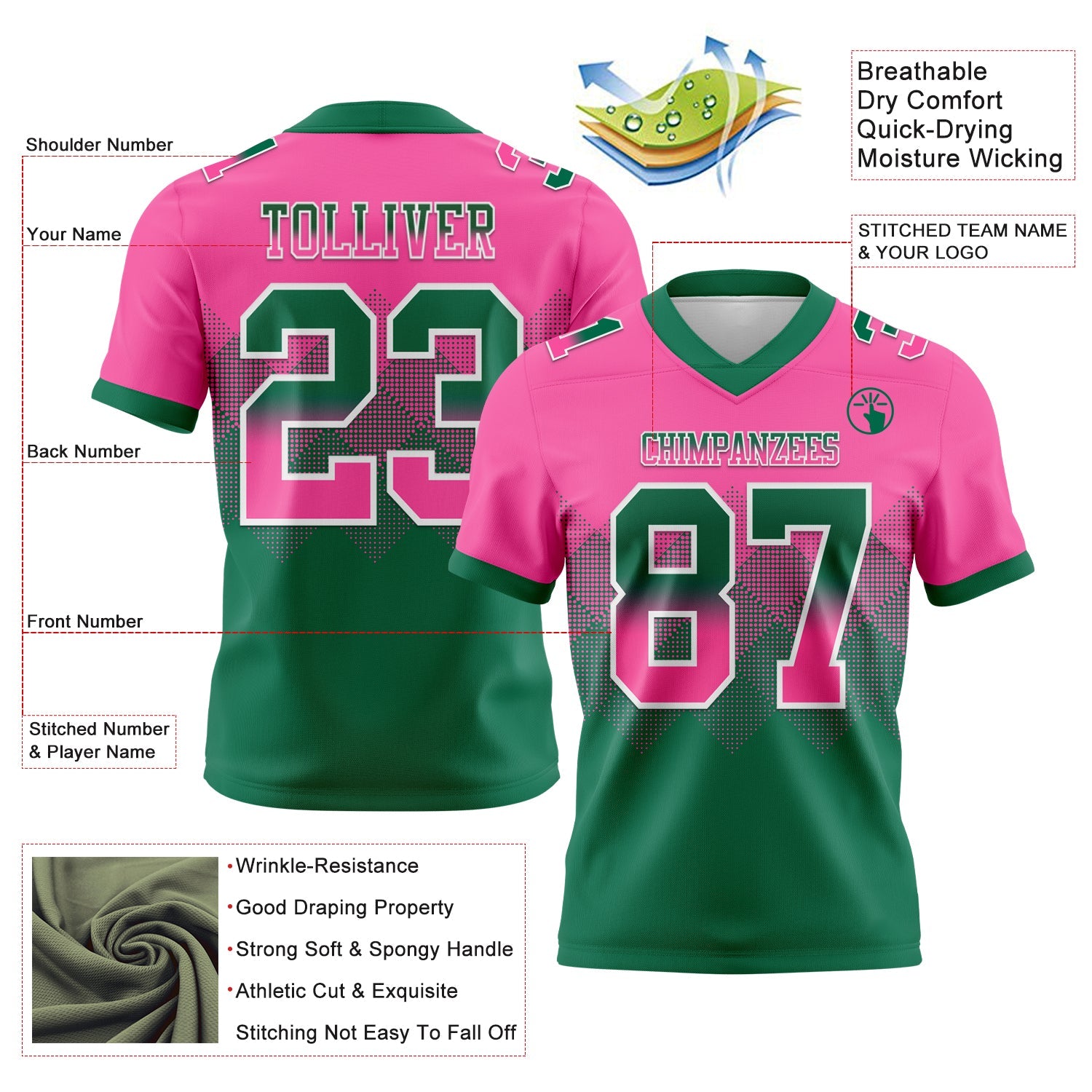Custom Pink Kelly Green-White Mesh Authentic Gradient Square Shape Flag Football Jersey - Sky-Custom