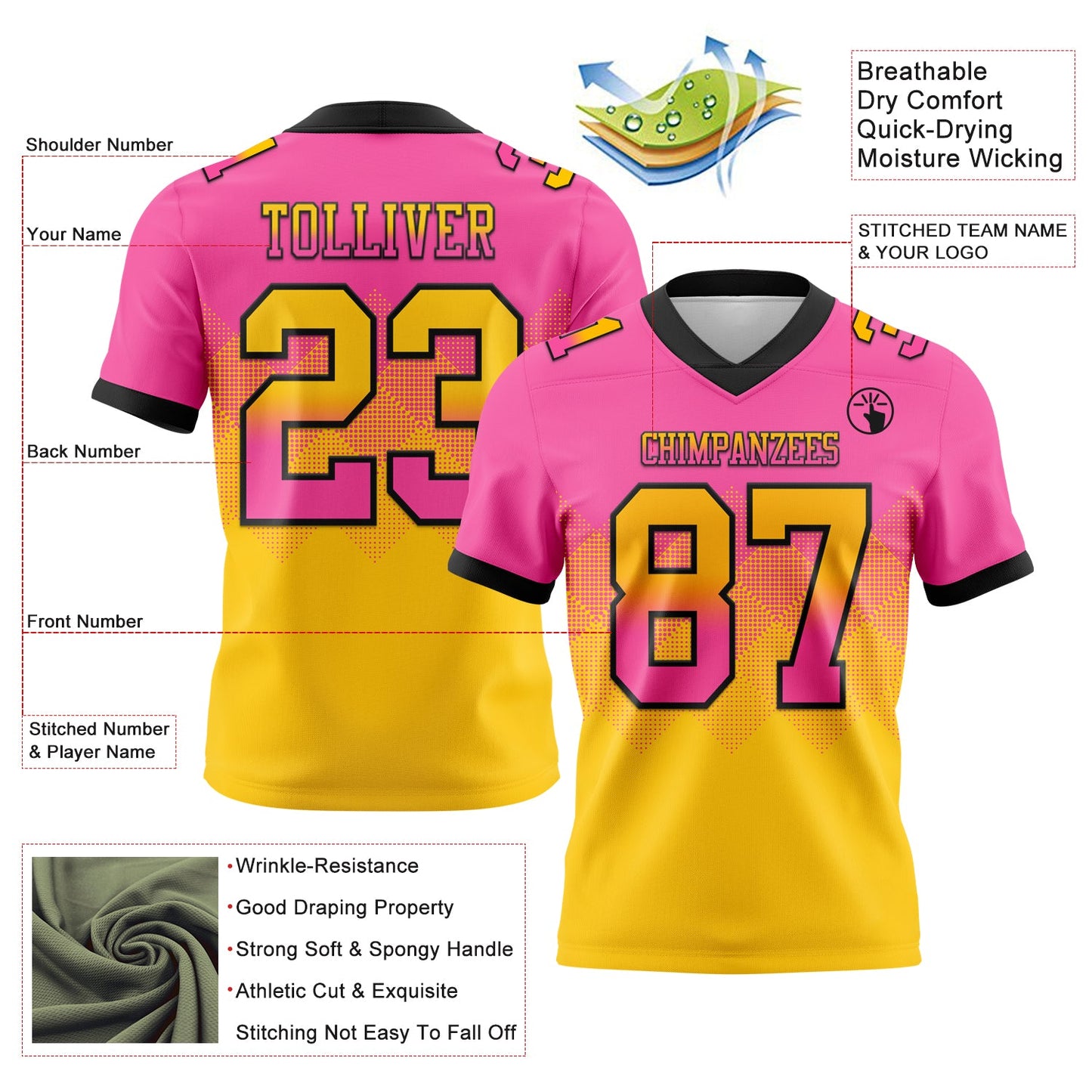 Custom Pink Yellow-Black Mesh Authentic Gradient Square Shape Flag Football Jersey - Sky-Custom