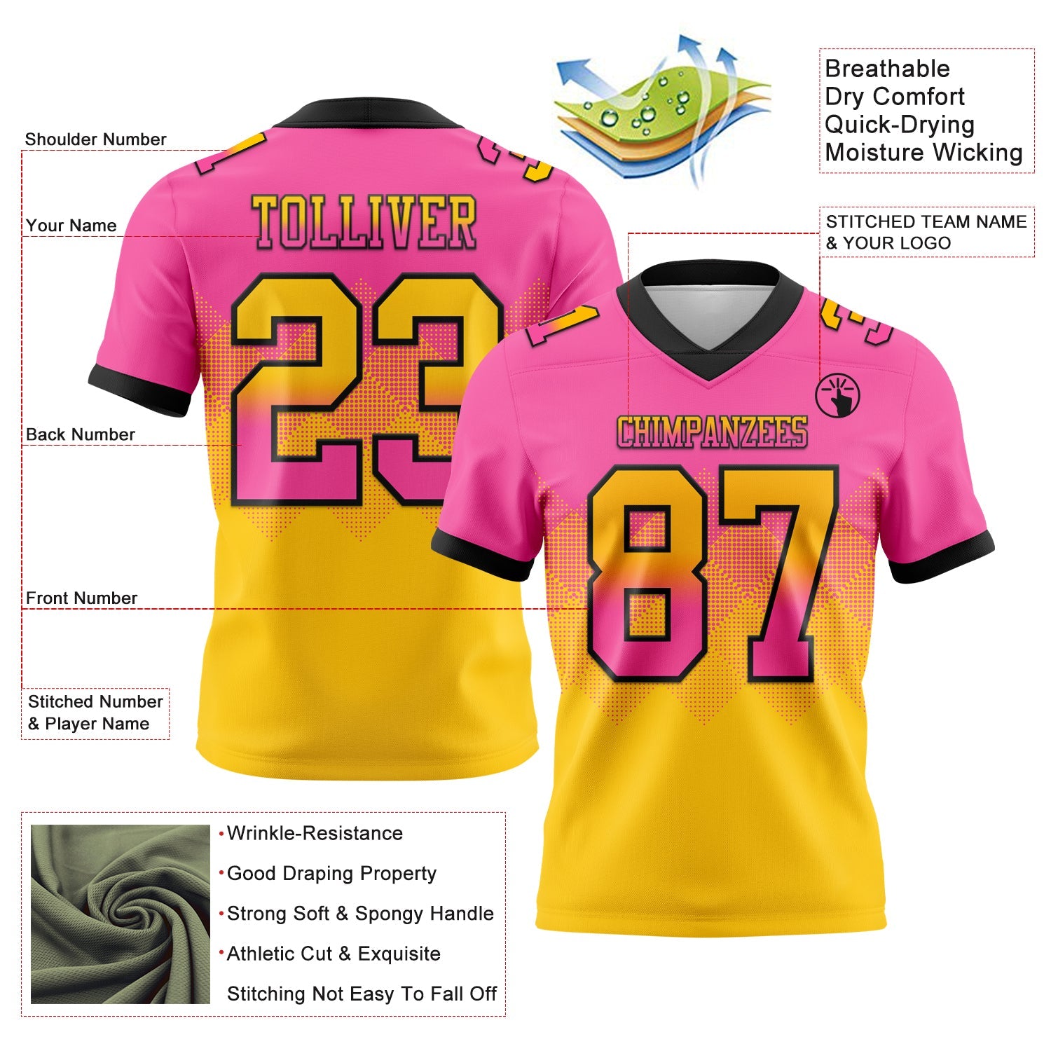 Custom Pink Yellow-Black Mesh Authentic Gradient Square Shape Flag Football Jersey - Sky-Custom