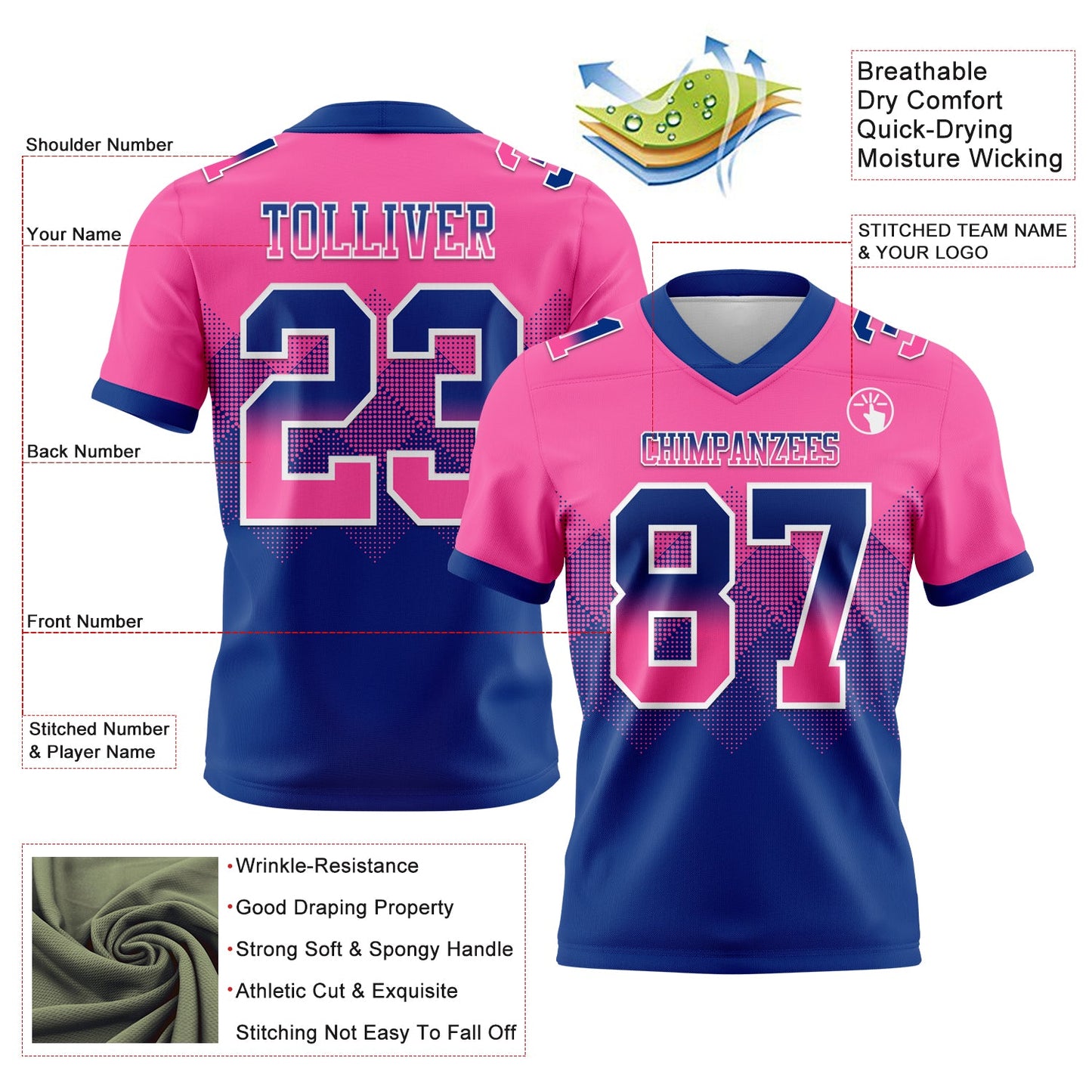 Custom Pink Royal-White Mesh Authentic Gradient Square Shape Flag Football Jersey - Sky-Custom