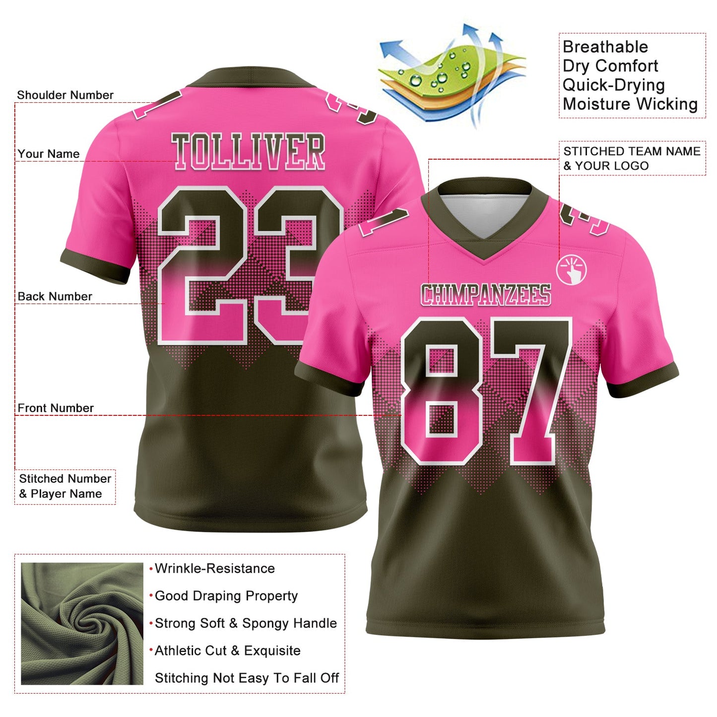 Custom Pink Olive-White Mesh Authentic Gradient Square Shape Flag Football Jersey - Sky-Custom